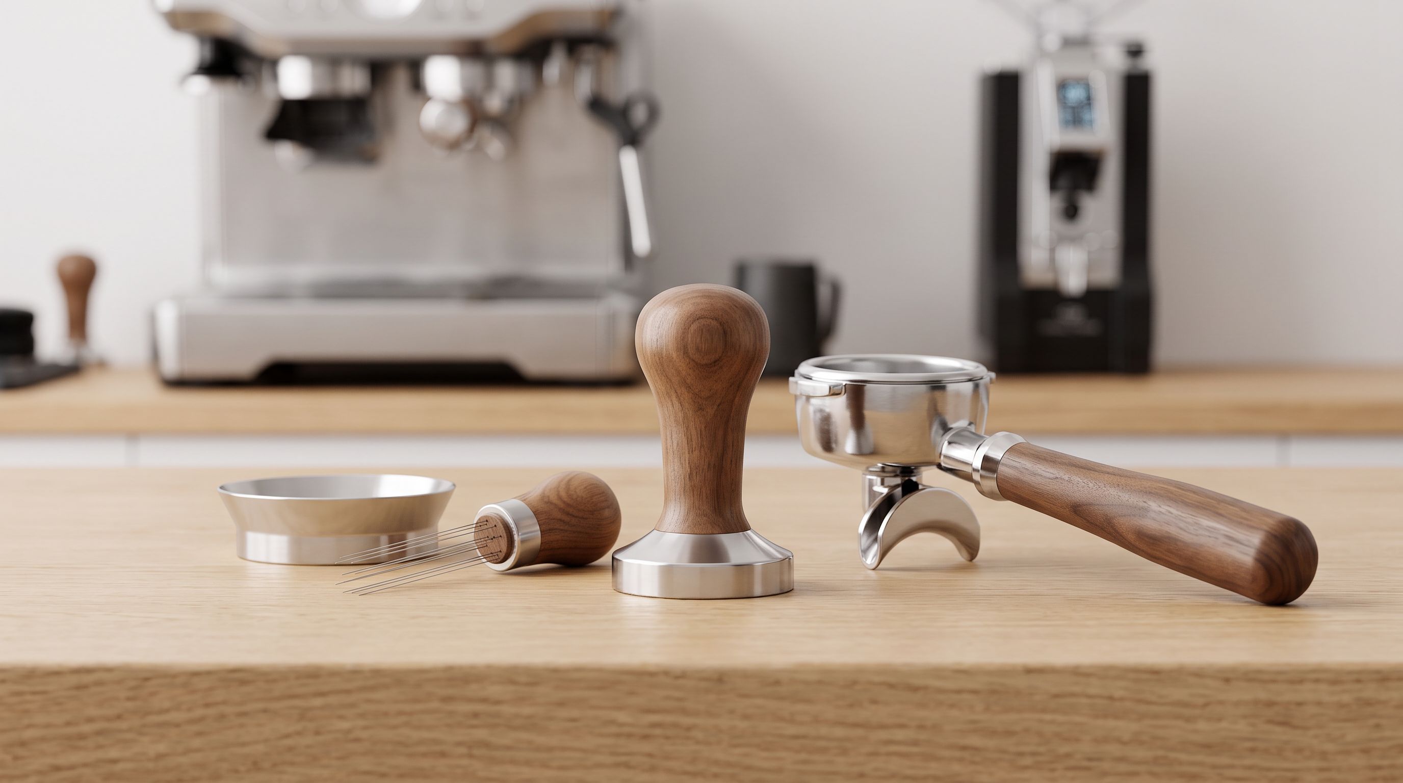 A stainless steel 58mm espresso tamper, WDT needle distribution tool, dosing funnel and portafilter arranged on a wooden counter