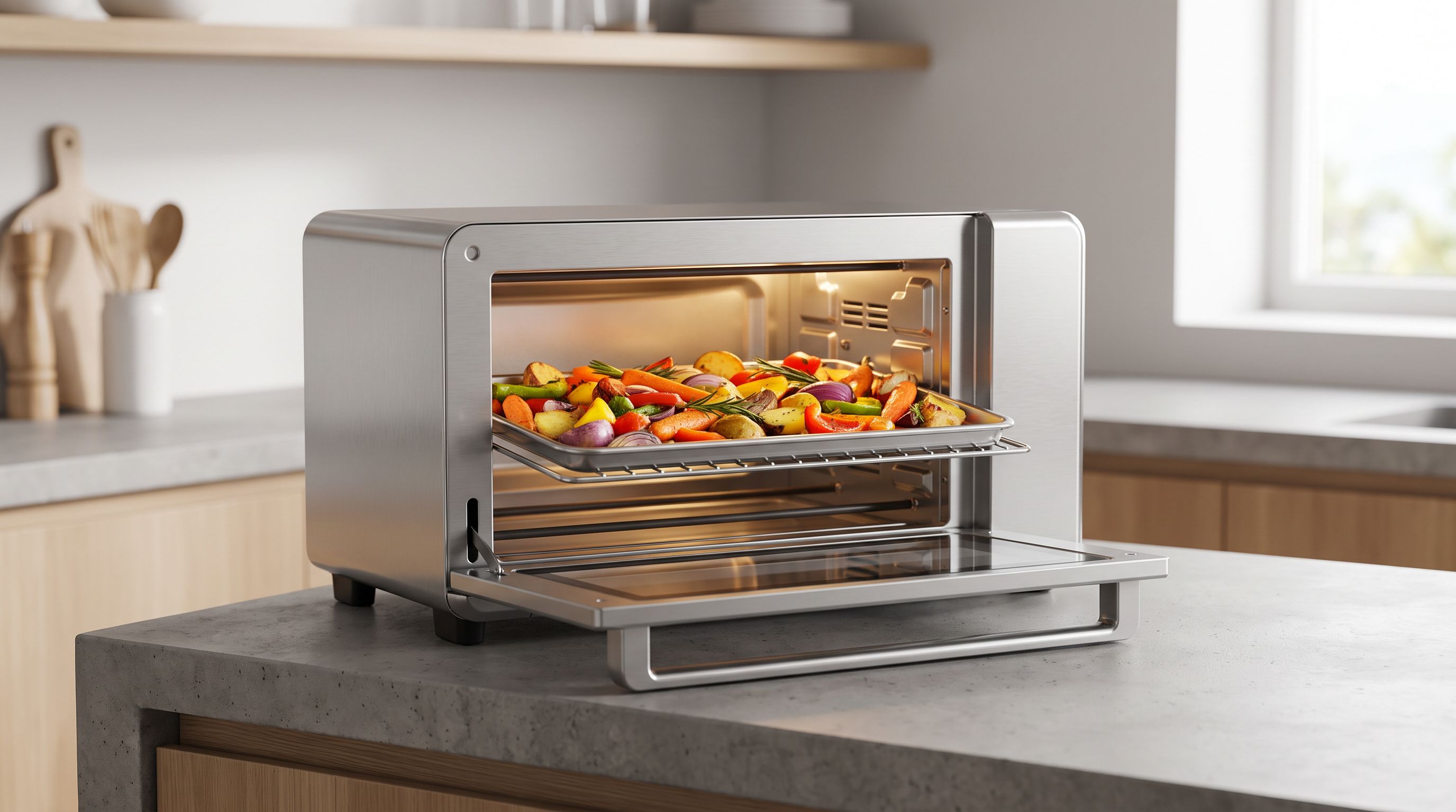 A stainless steel air fryer toaster oven on a kitchen counter with a sheet pan of roasted vegetables on a wire rack inside