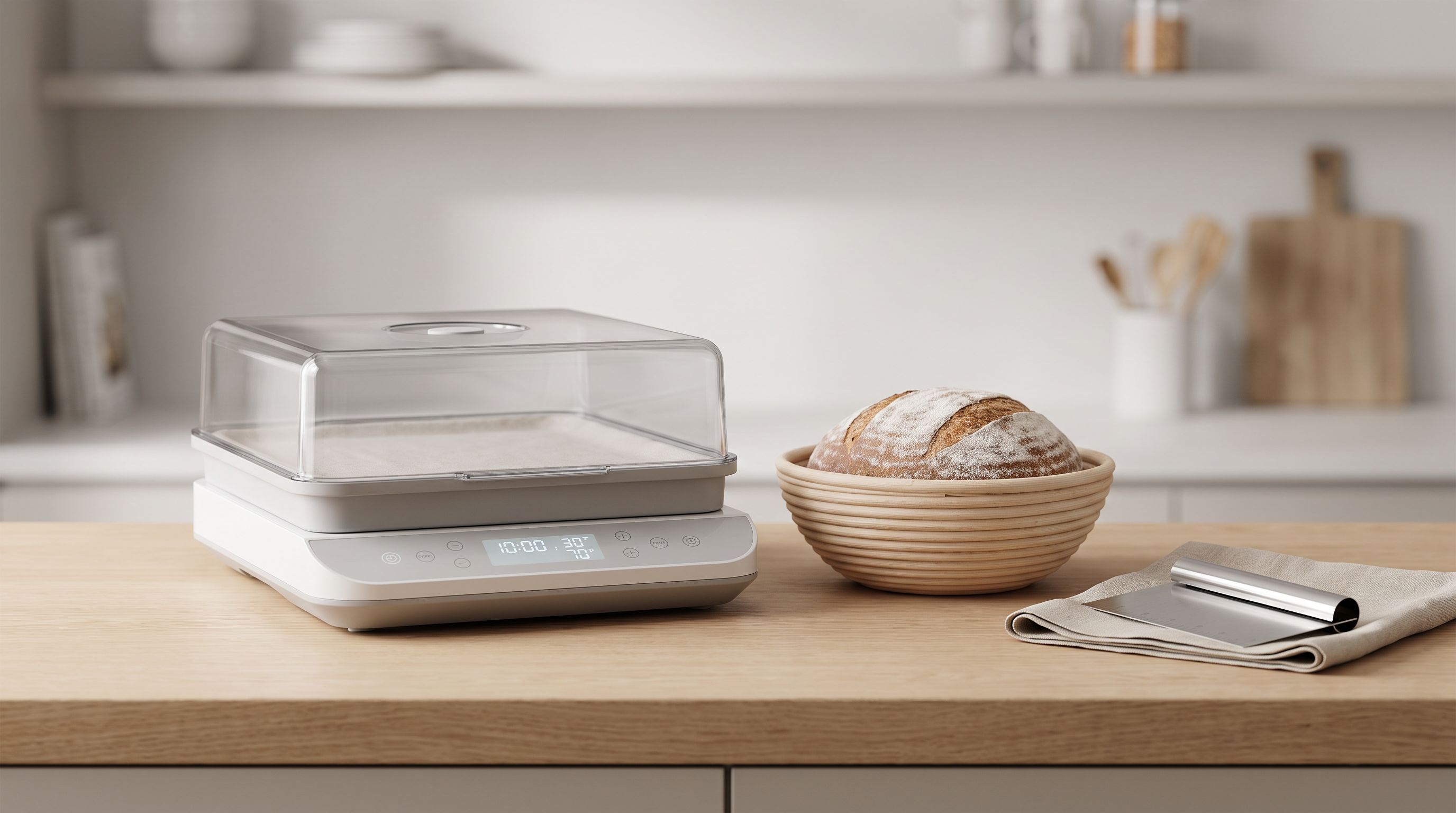 A folding bread proofer on a kitchen counter beside a round rattan banneton holding a floured sourdough boule, a stainless bench scraper and a linen couche