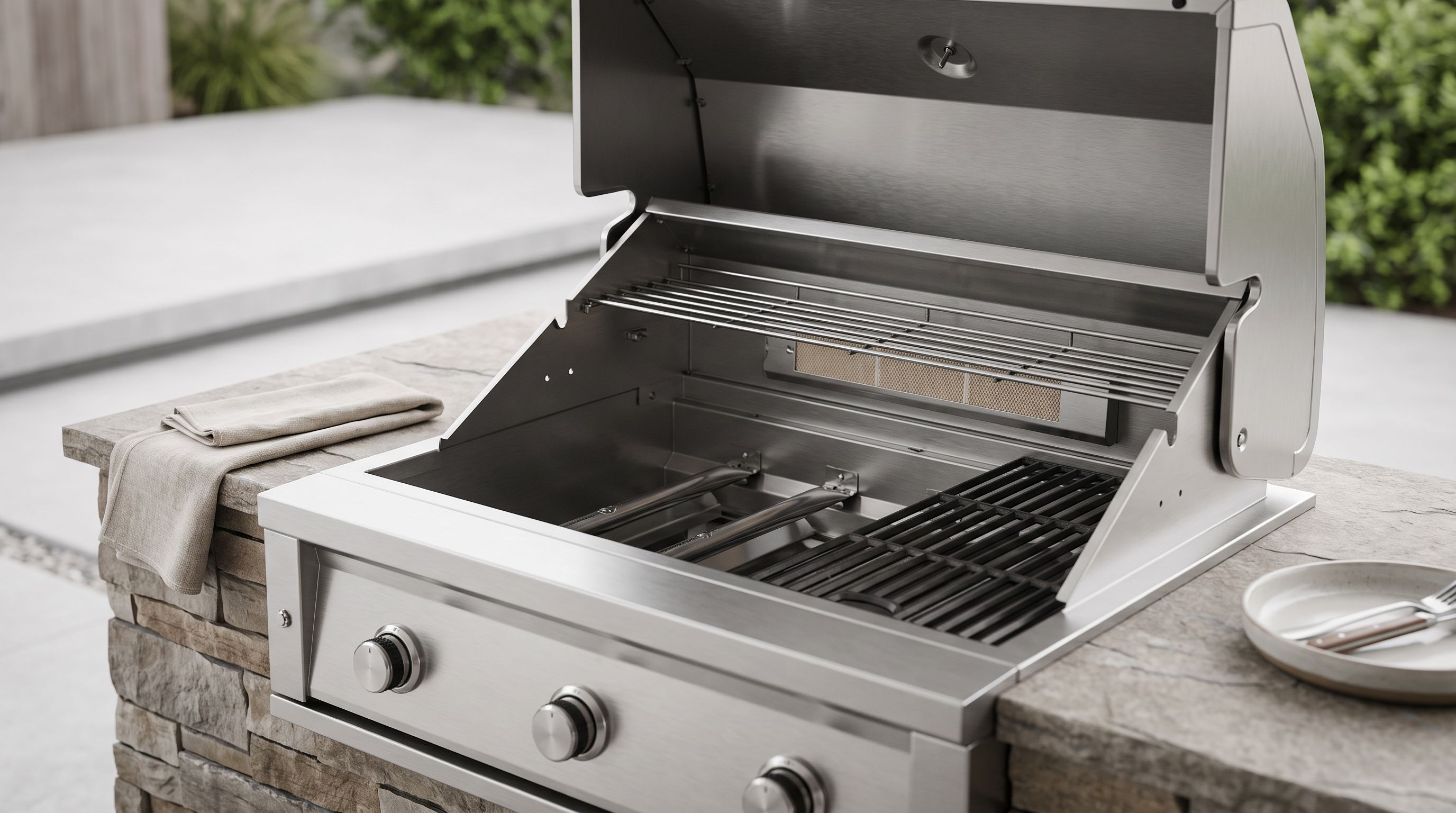A stainless steel built-in gas grill installed in a stone outdoor kitchen island with the lid open, showing cast stainless burners and heavy grates