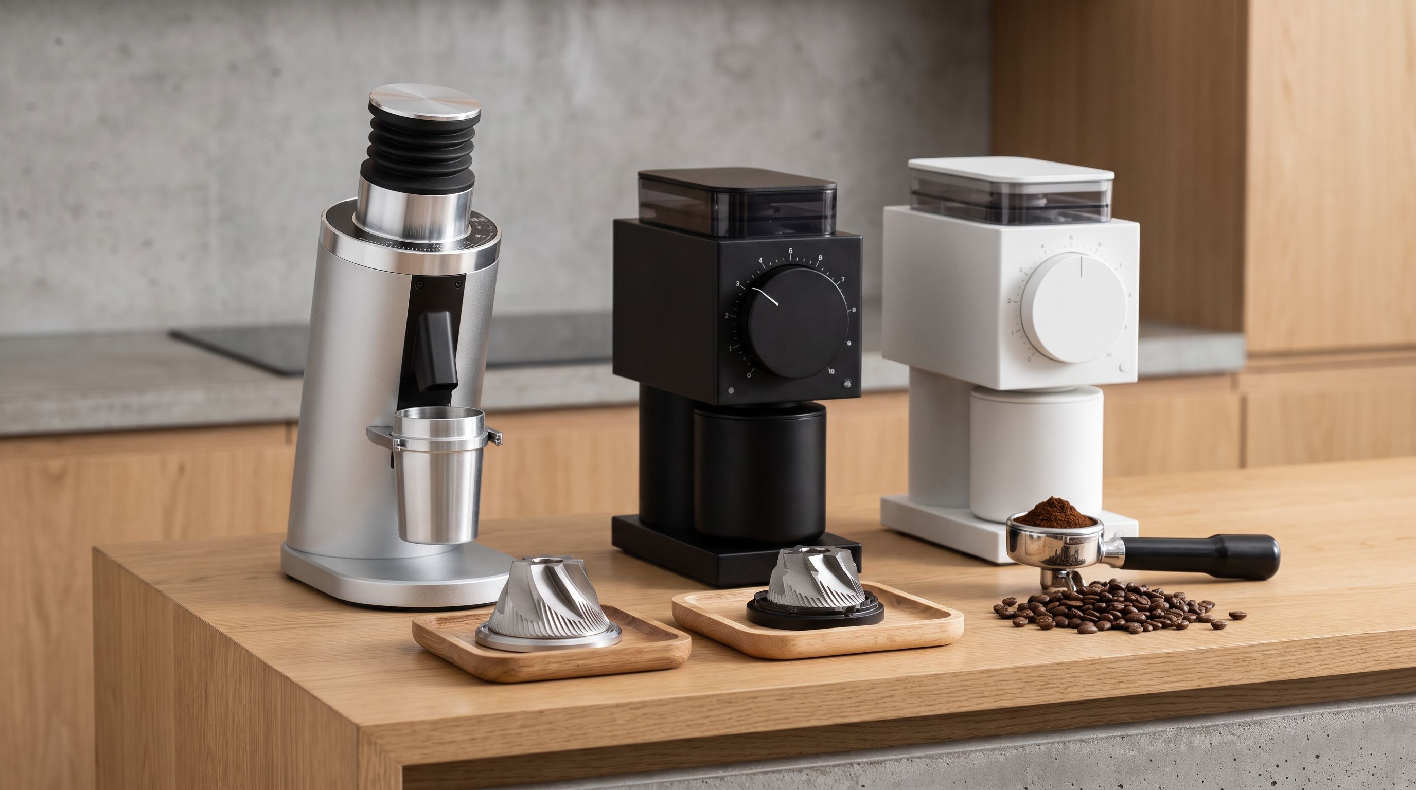 Three home burr coffee grinders on a kitchen counter beside whole beans and a portafilter, with conical and flat burr sets displayed in front