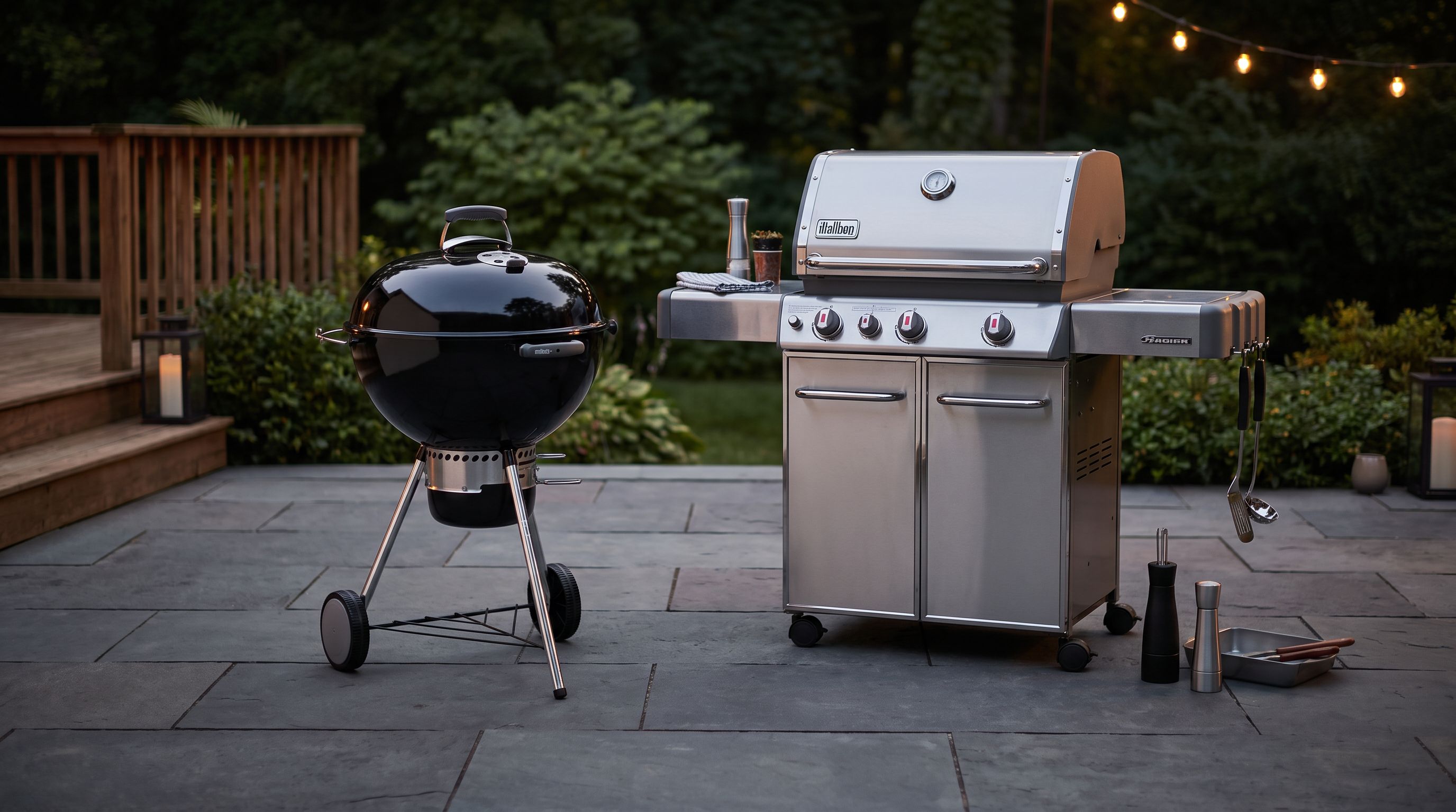 A kettle charcoal grill and a three-burner gas grill side by side on a backyard patio at dusk
