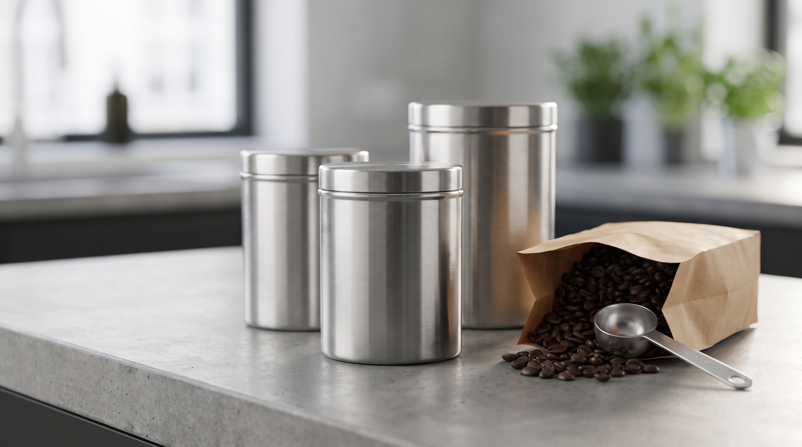 Three stainless steel coffee storage canisters on a kitchen counter beside a bag of whole bean coffee and a scoop