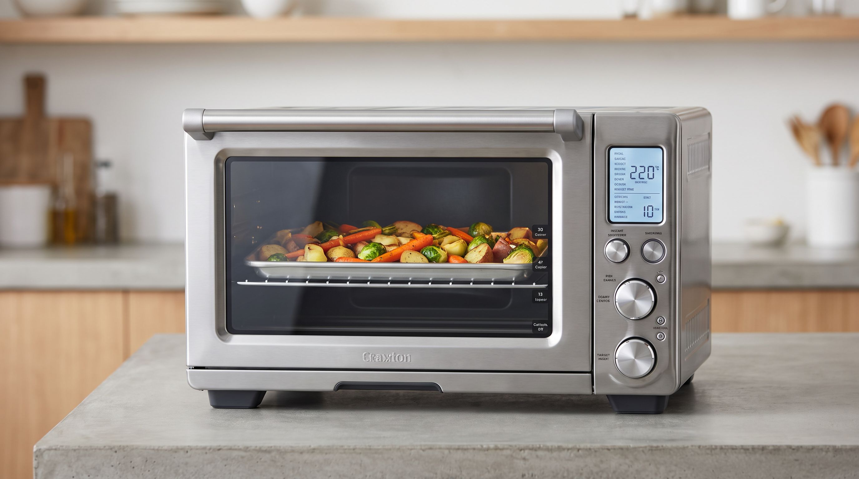 A large stainless steel countertop convection oven on a kitchen counter with a half-sheet pan of roasted vegetables on the middle rack