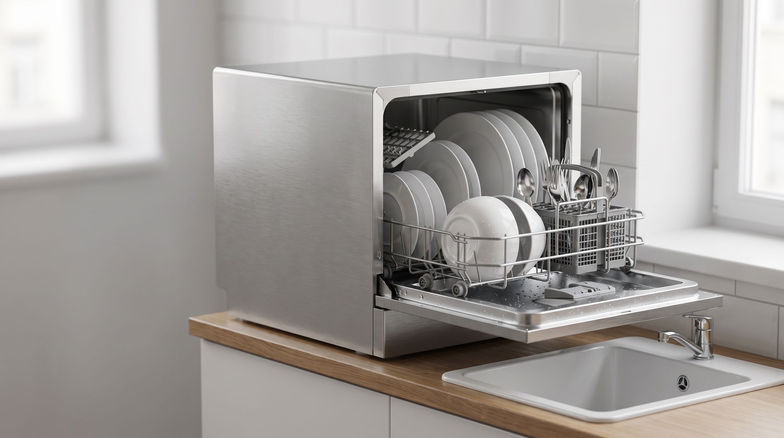 A compact stainless countertop dishwasher sitting beside a sink in a small apartment kitchen, with its door open showing a loaded rack of plates