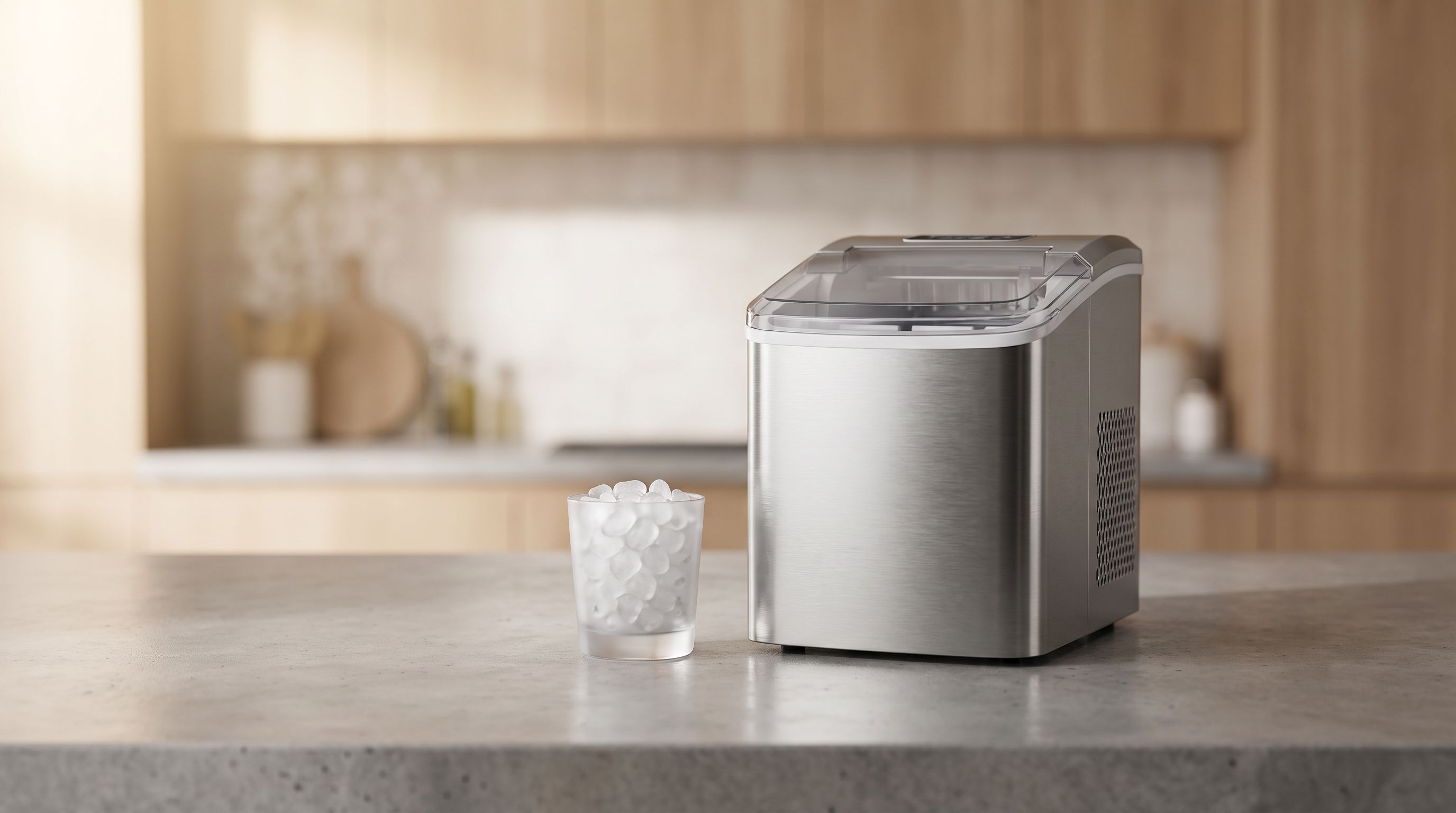 A stainless countertop nugget ice maker on a kitchen counter beside a glass filled with pebble ice