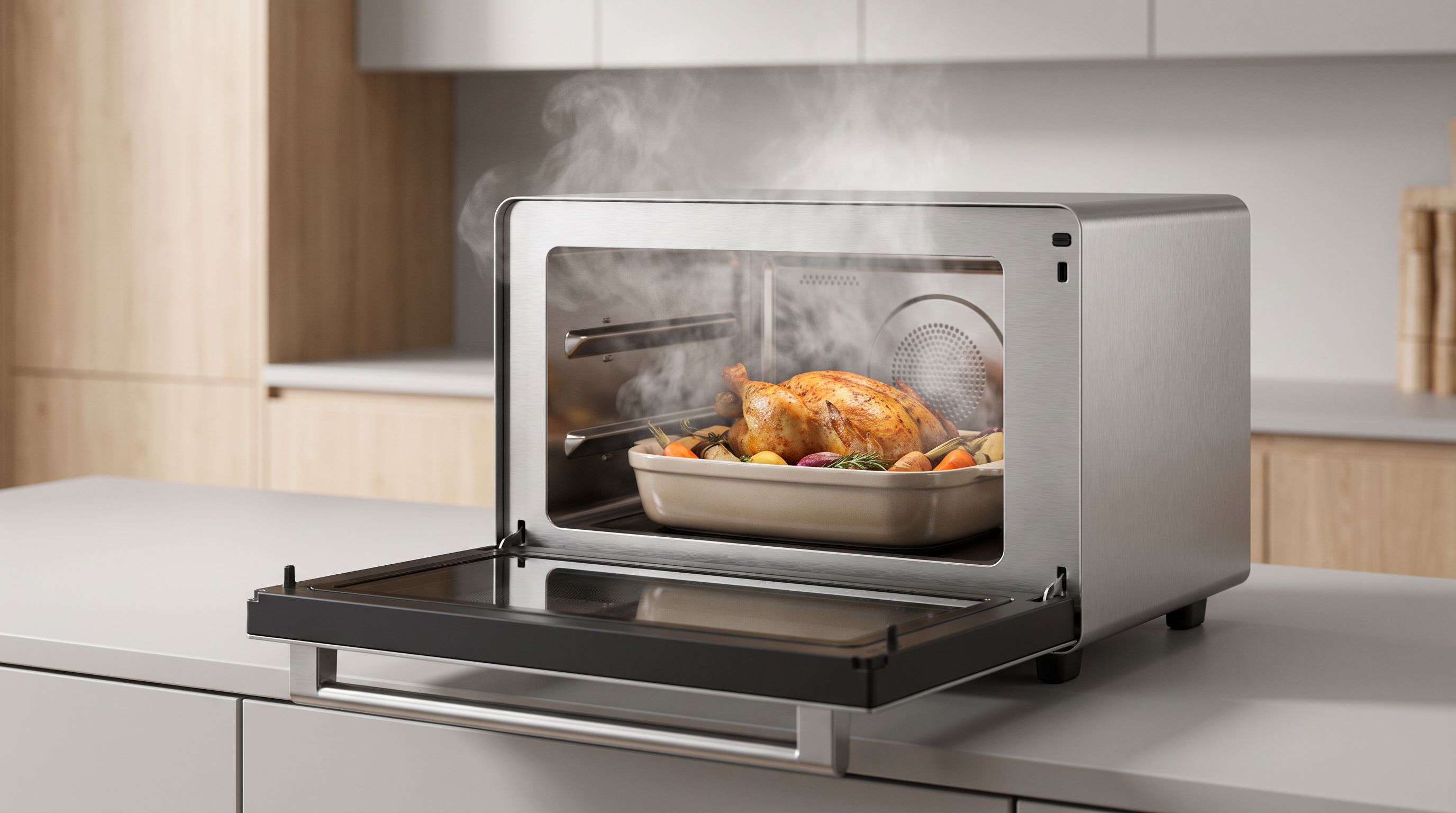 A stainless steel countertop steam oven on a kitchen counter with its door open, steam visible around a roasting tray of chicken and vegetables