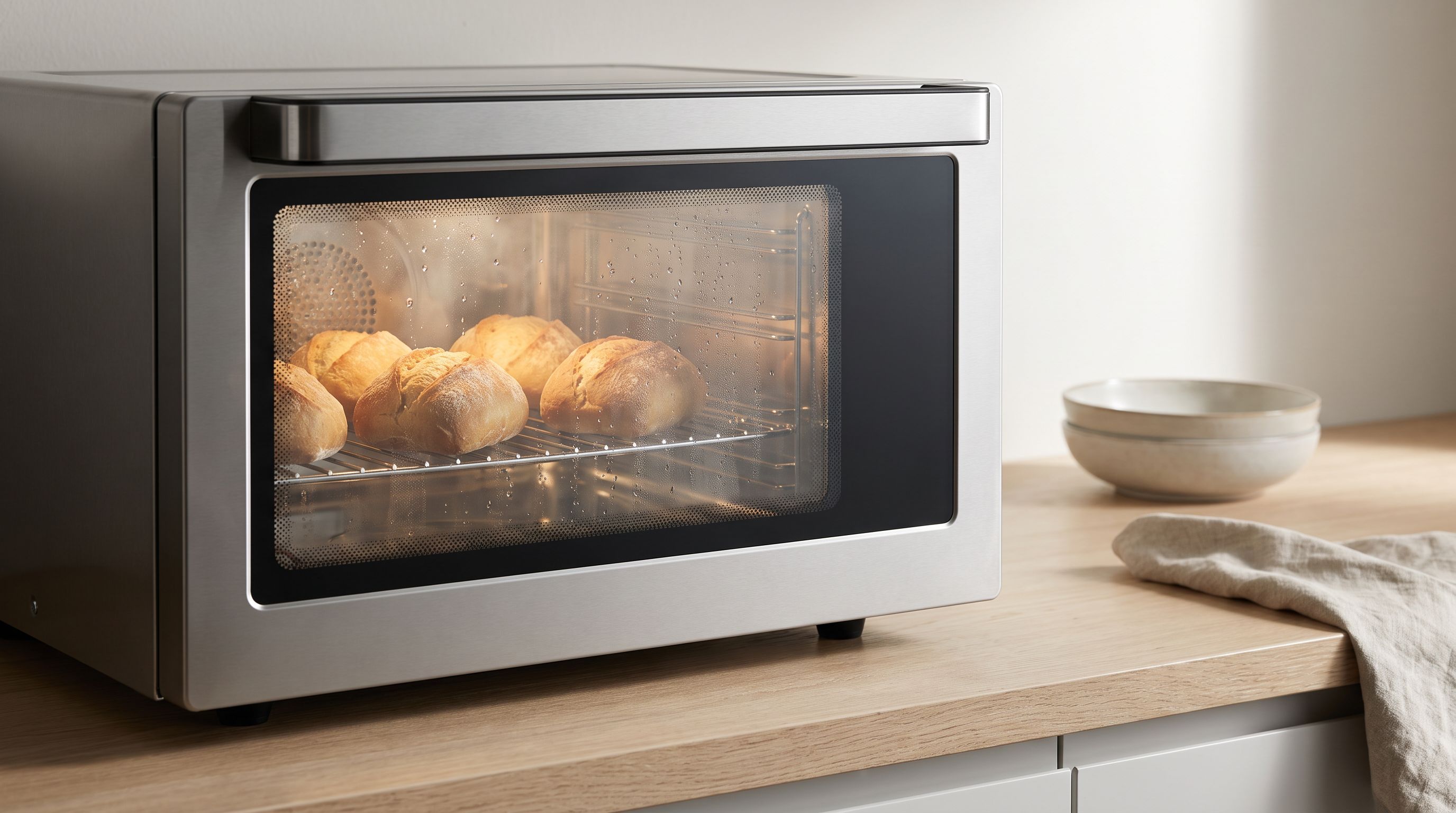 A countertop combi-steam oven on a kitchen counter with steam visible inside the glass door and a tray of crusty bread rolls on the rack
