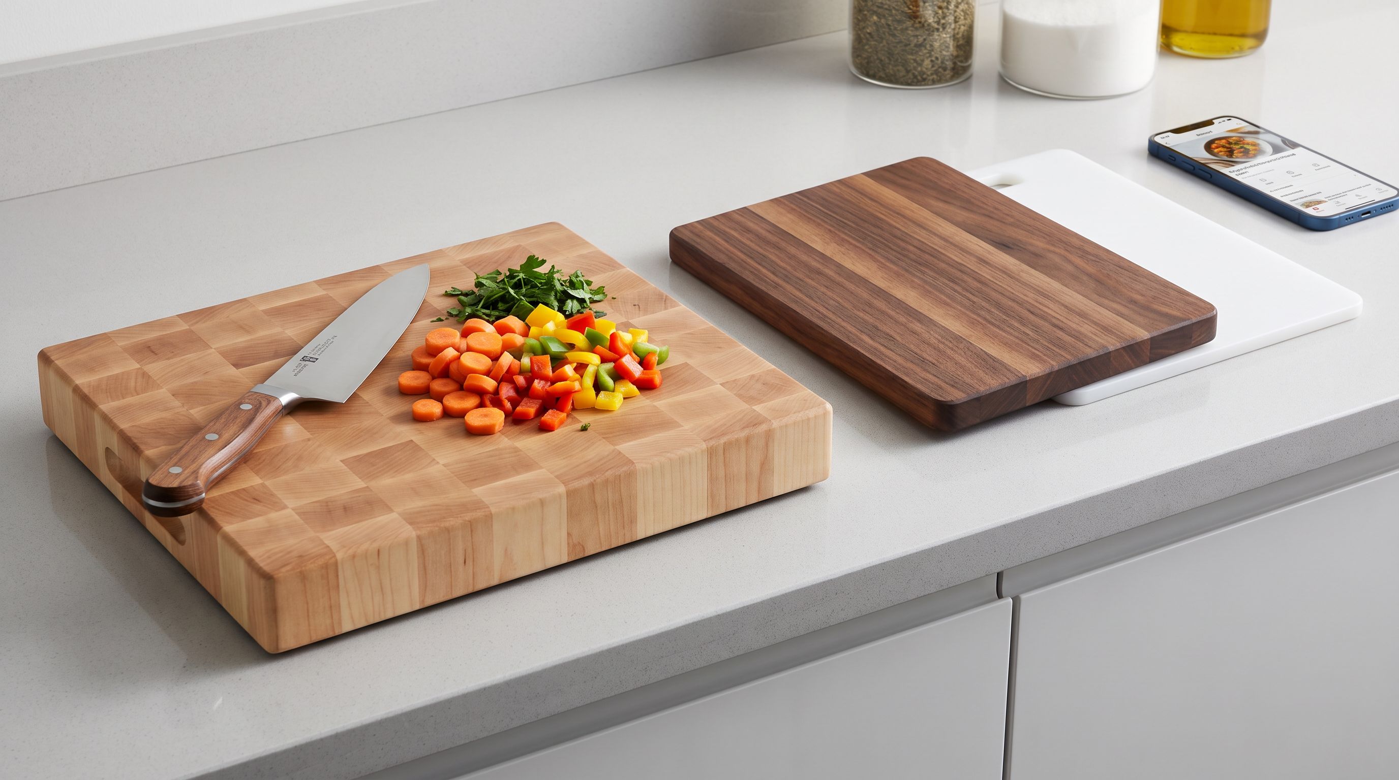 Thick end-grain maple cutting board on a kitchen counter beside an edge-grain walnut board and a white plastic board, with a chef's knife and chopped vegetables