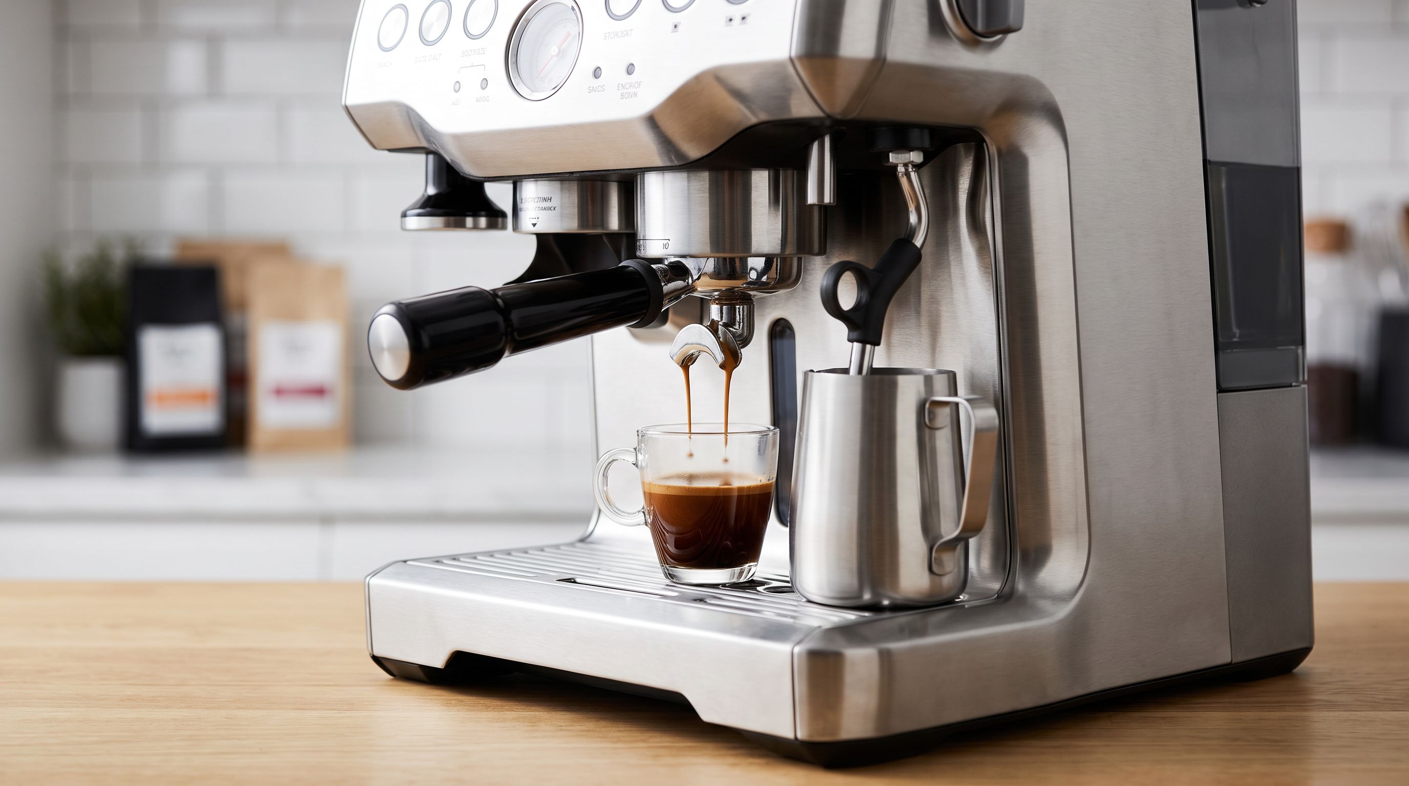 A stainless steel prosumer dual boiler espresso machine on a kitchen counter with a bottomless portafilter pulling a shot and a milk pitcher under the steam wand