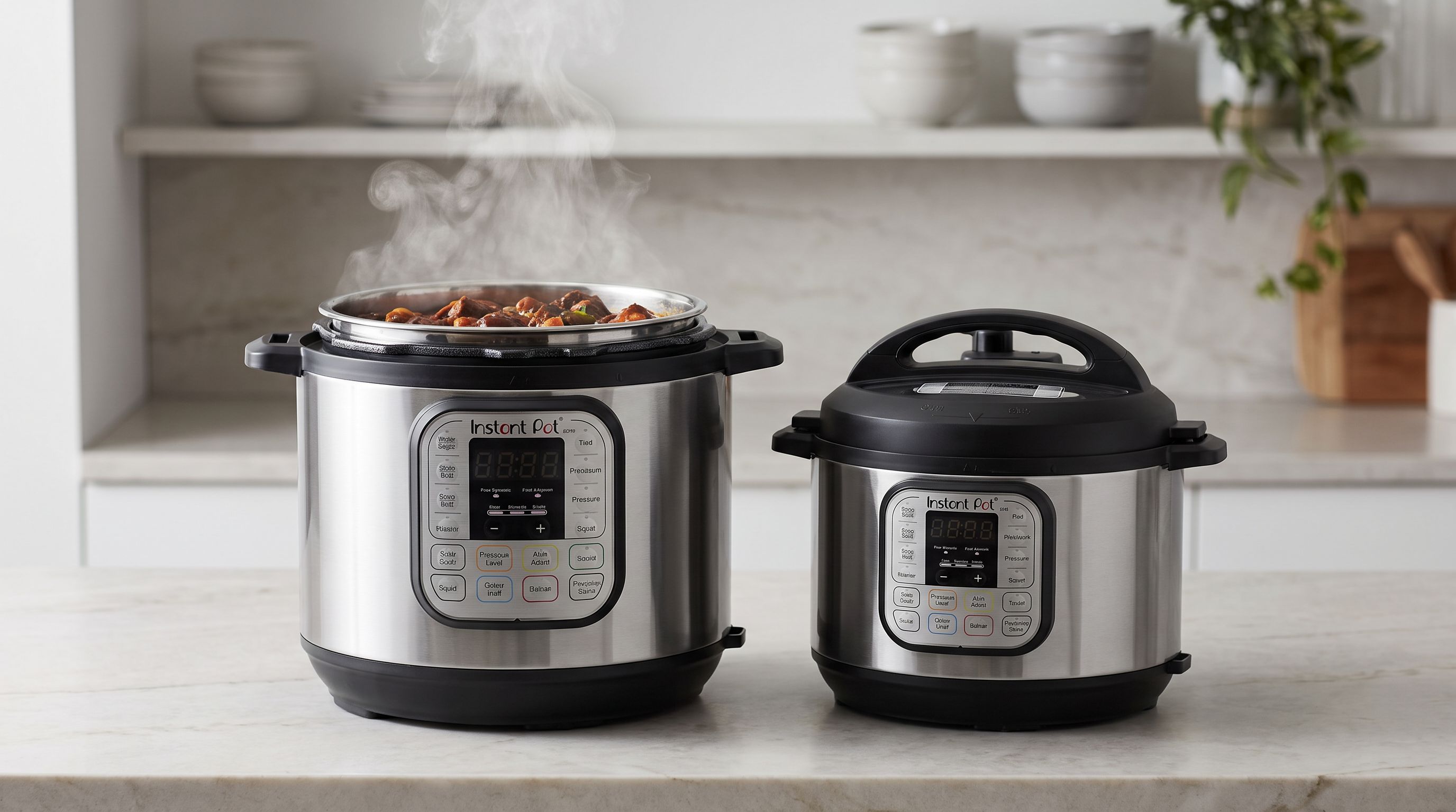 A stainless steel electric pressure cooker on a kitchen counter with its lid off, steam rising from a pot of stew, beside a smaller 3-quart model