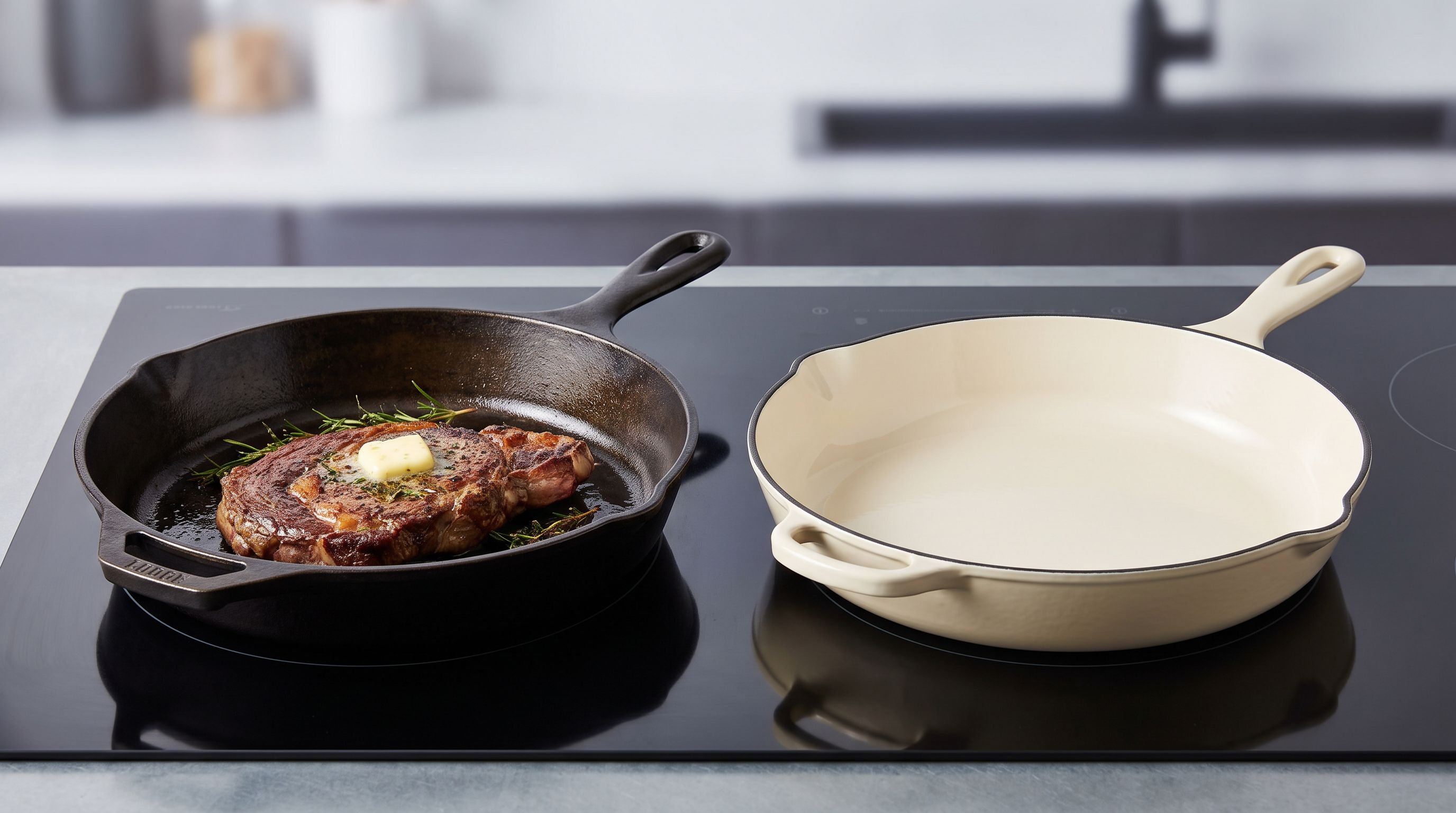 A seasoned bare cast iron skillet and a cream enameled cast iron skillet side by side on a dark stovetop, one holding a seared steak
