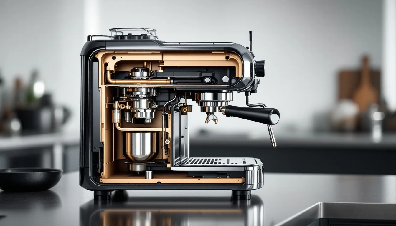 Cutaway view of a prosumer espresso machine showing a brass boiler, group head, steam wand and portafilter on a stainless counter