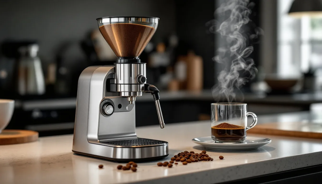 A stainless steel espresso burr grinder on a kitchen counter beside a portafilter filled with freshly ground coffee