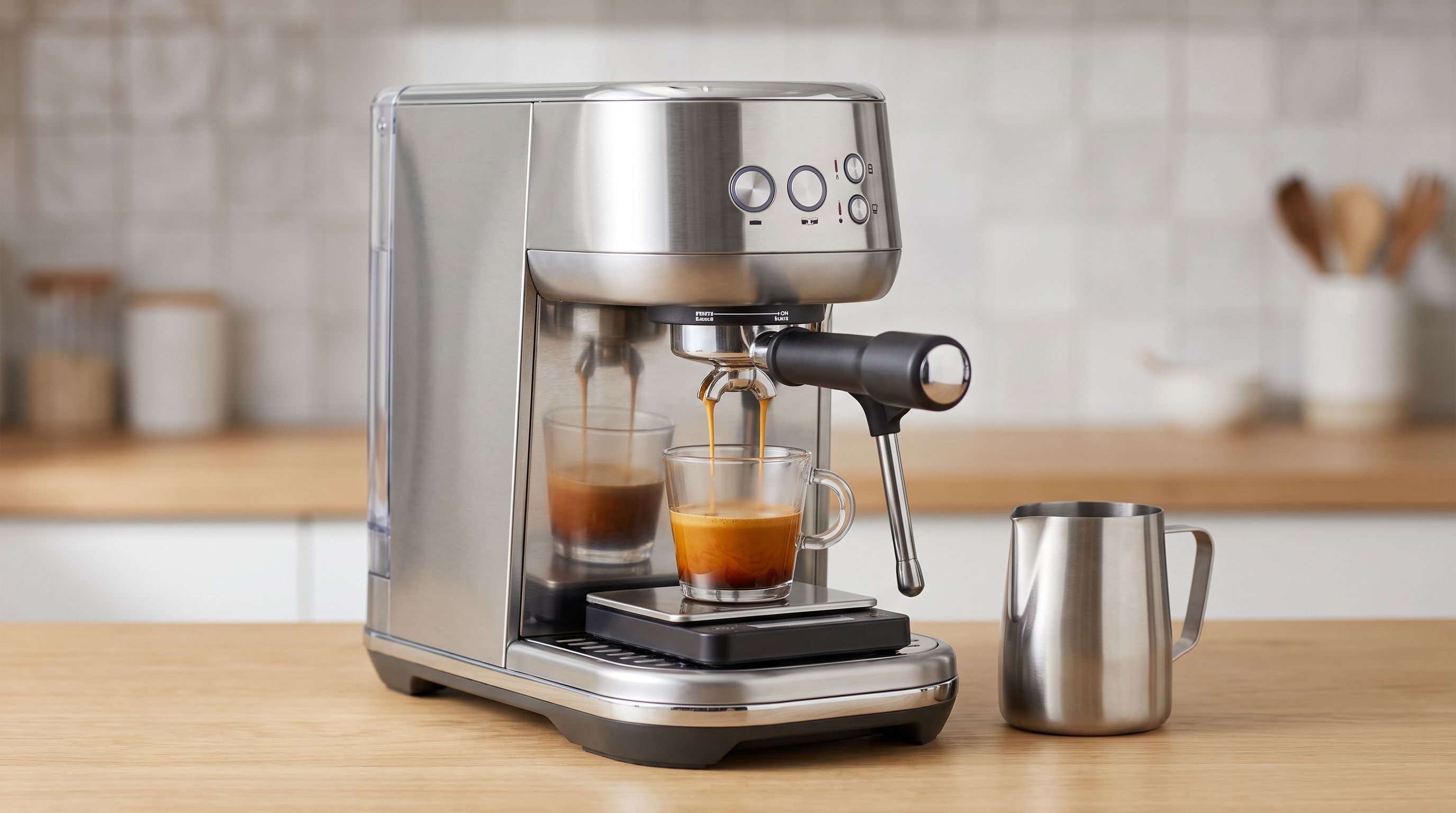 A stainless steel home espresso machine pulling a double shot into a glass with a portafilter, milk pitcher and scale on a kitchen counter