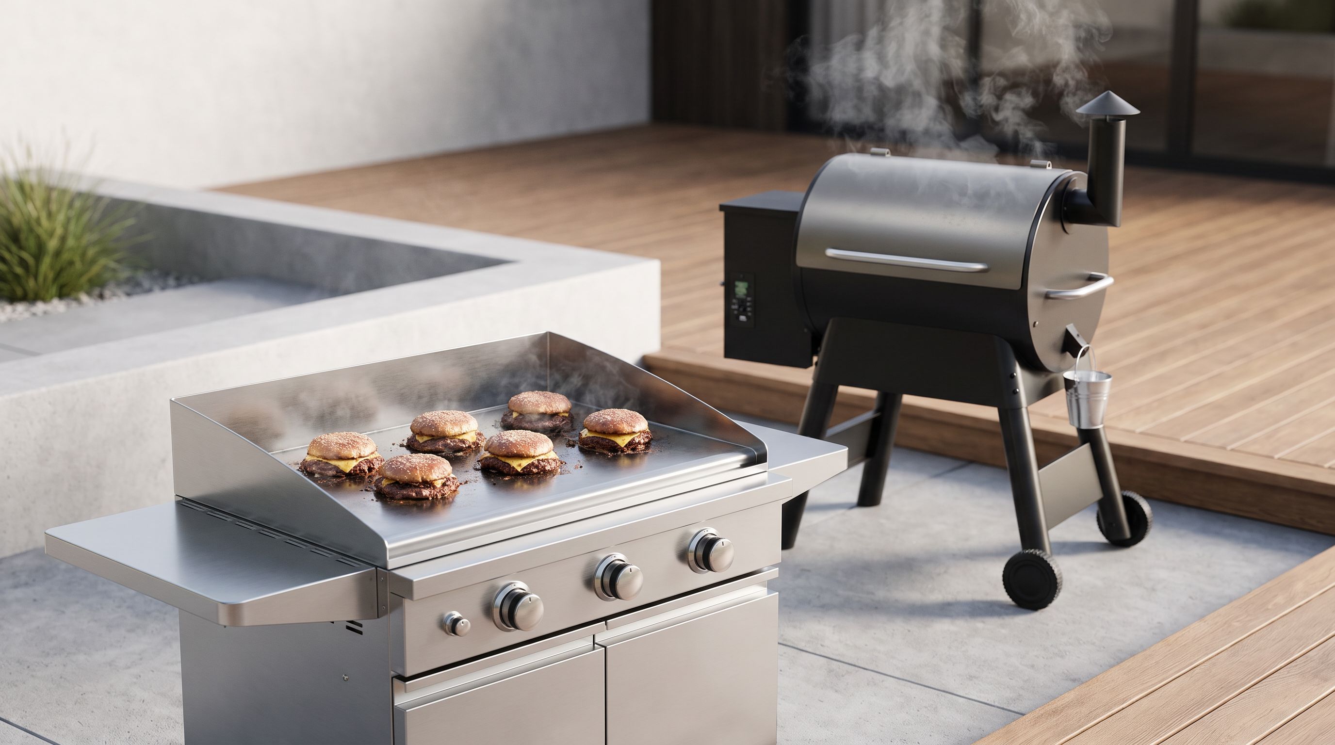 A stainless flat-top griddle searing smash burgers beside a pellet grill with smoke drifting from its chimney on a backyard patio