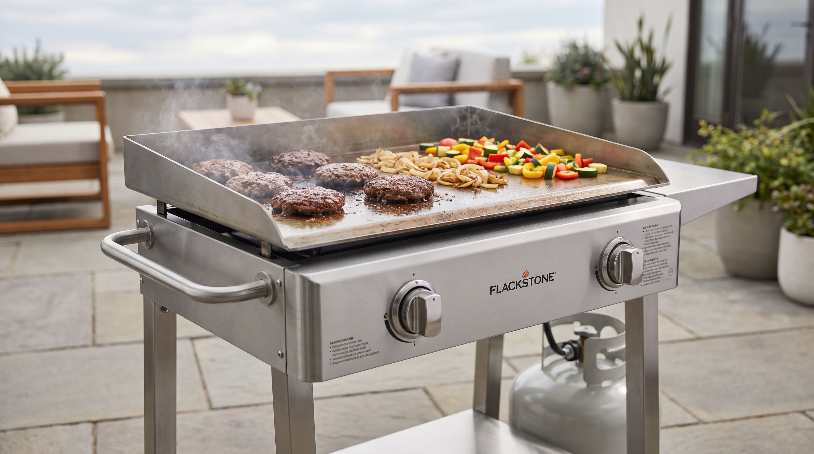 A propane flat top griddle on a patio with smash burgers, onions and diced vegetables searing across the steel cooktop