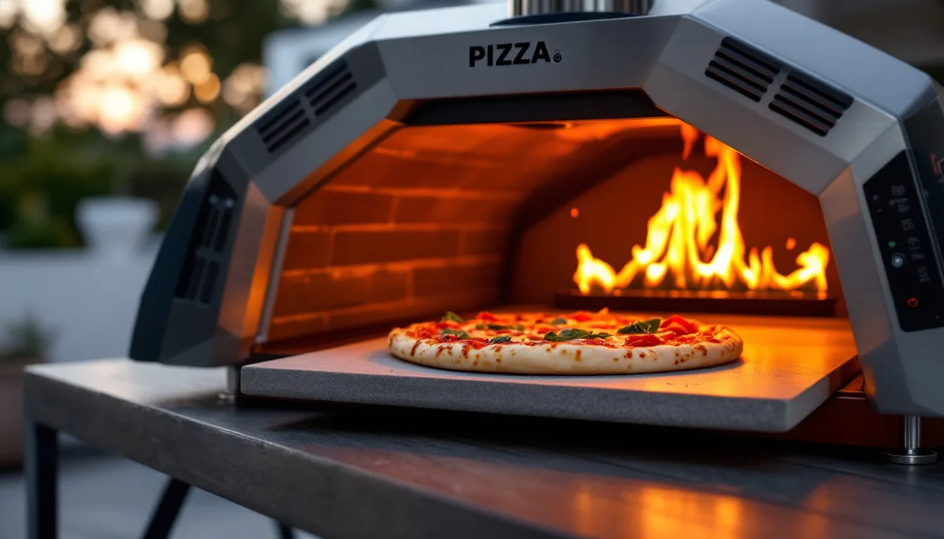 A propane-fired countertop pizza oven on a patio table with a Neapolitan pizza on a cordierite stone, flames curling across the ceiling of the chamber
