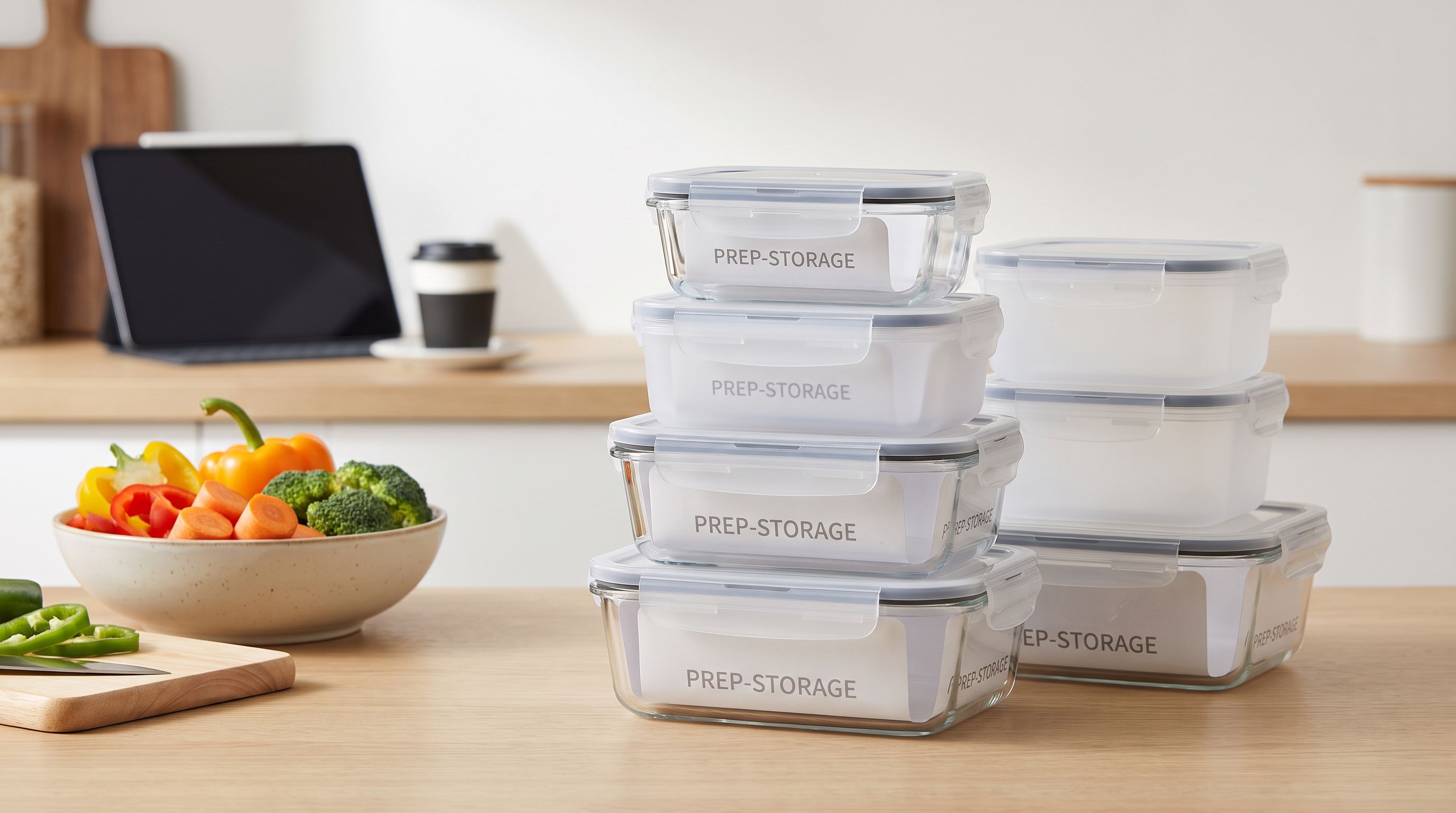 Glass and plastic food storage containers with snap-lock lids stacked on a kitchen counter next to prepped vegetables