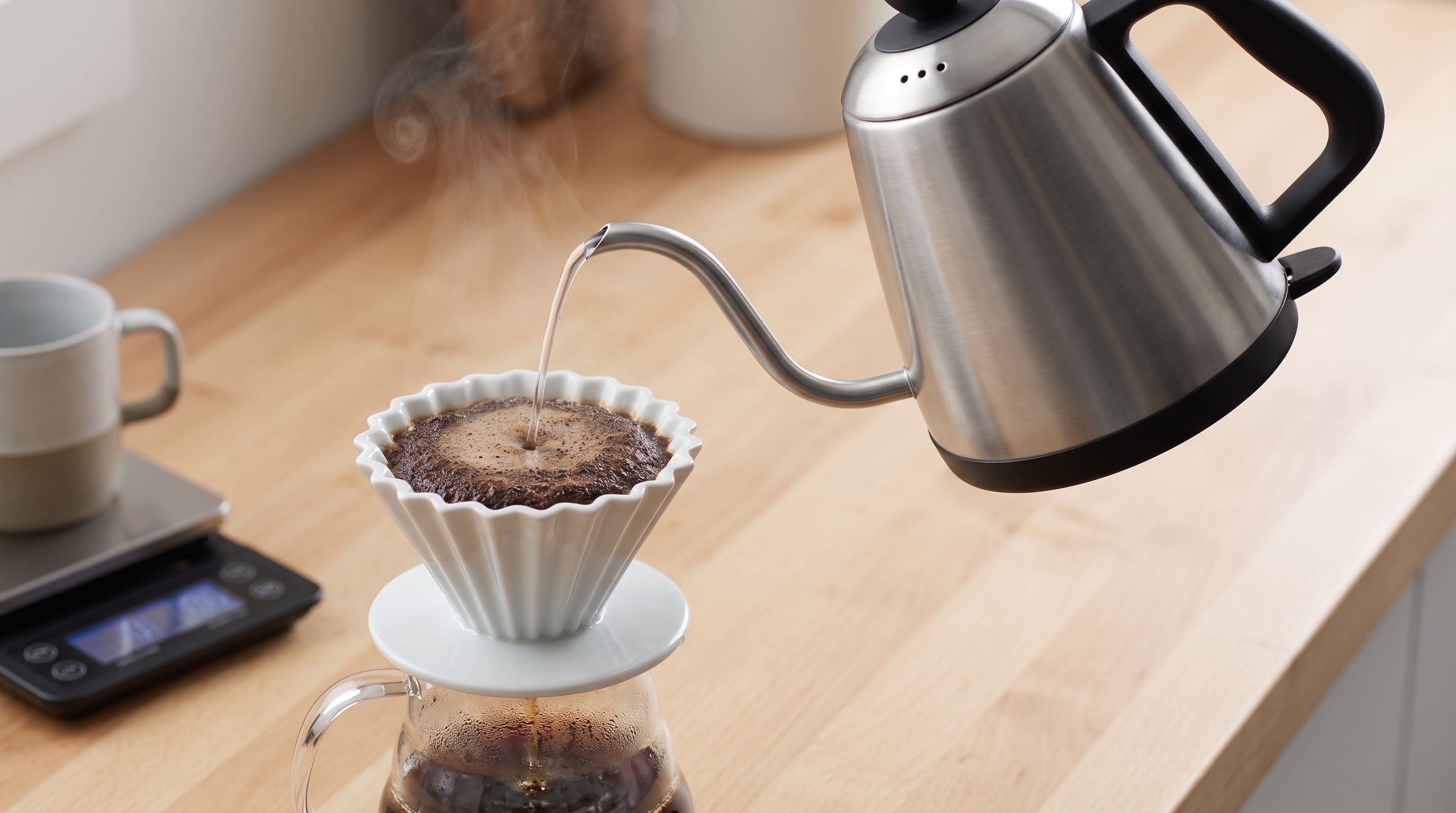 Stainless steel gooseneck kettle pouring a thin, controlled stream of hot water over coffee grounds in a ceramic pour-over dripper