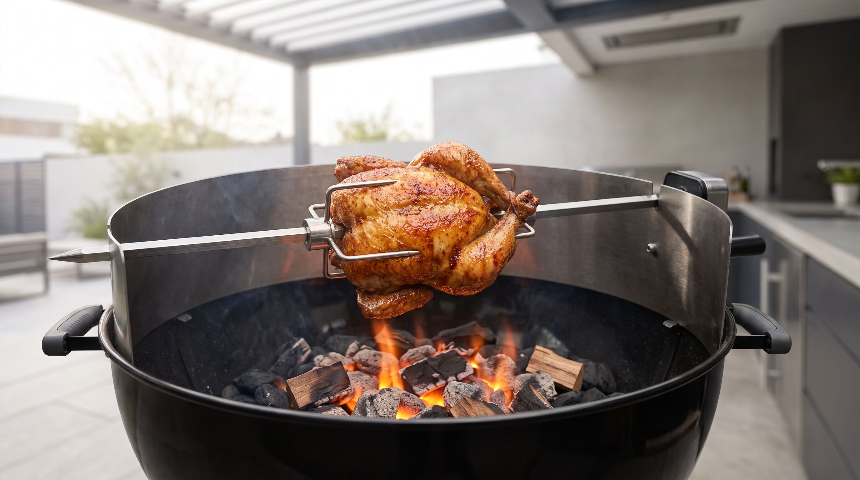 A whole chicken turning on a stainless steel rotisserie spit above glowing charcoal in a 22-inch kettle grill fitted with a rotisserie ring