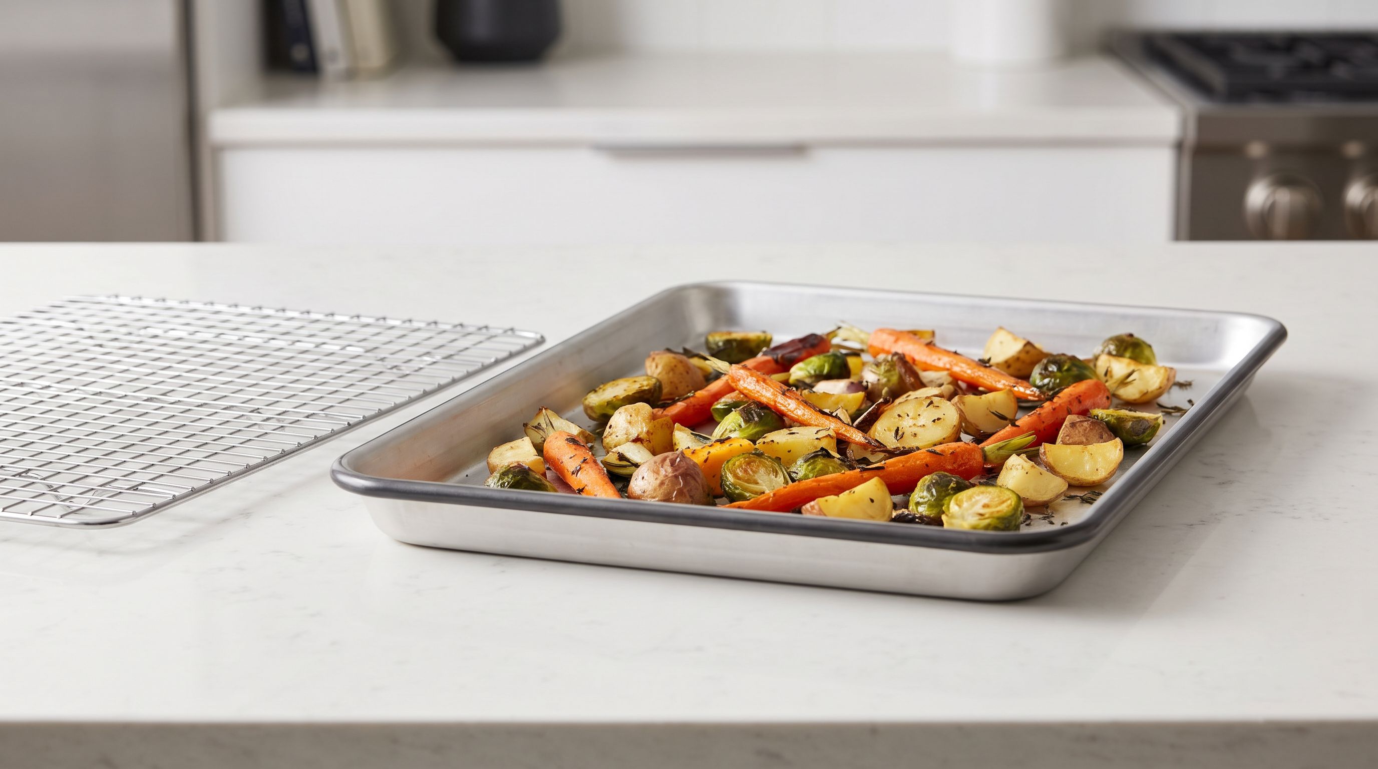 A natural aluminum half sheet pan with a rolled steel rim on a kitchen counter, holding roasted vegetables beside a wire cooling rack
