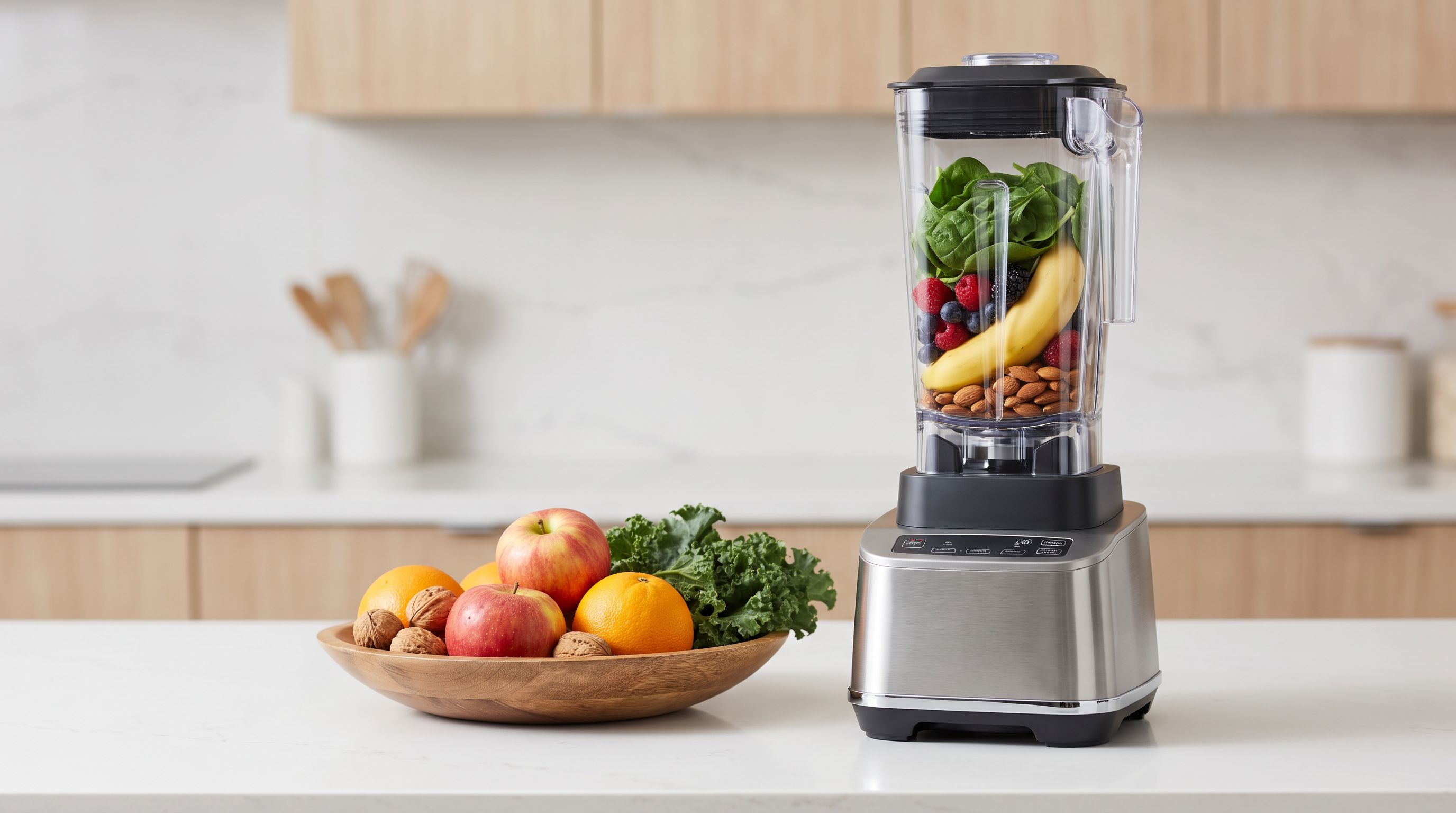 A high-speed blender with a tall clear container on a kitchen counter beside whole fruit, nuts and leafy greens ready for blending