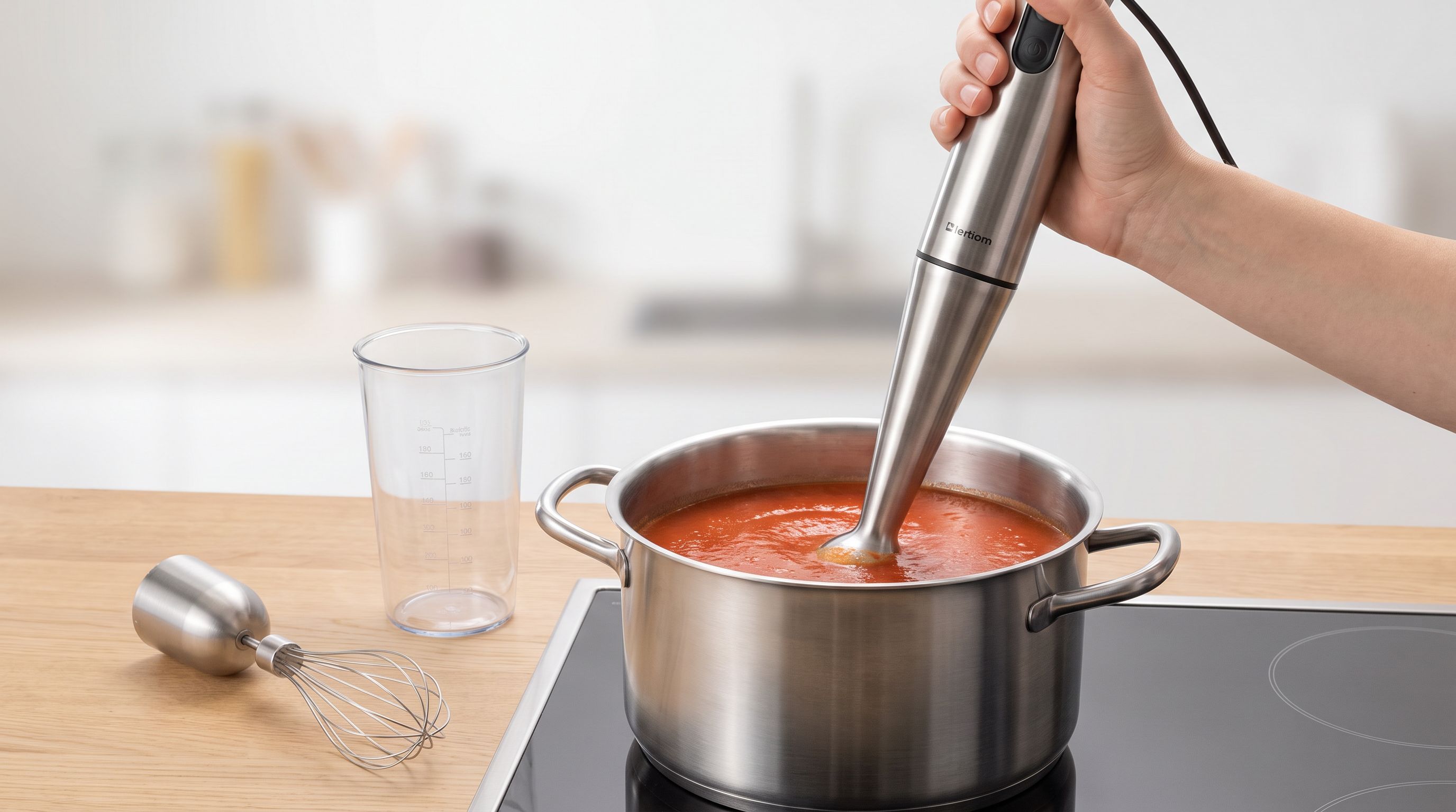 A stainless steel immersion blender held in a deep stockpot of tomato soup on a stovetop, with a whisk attachment and beaker nearby