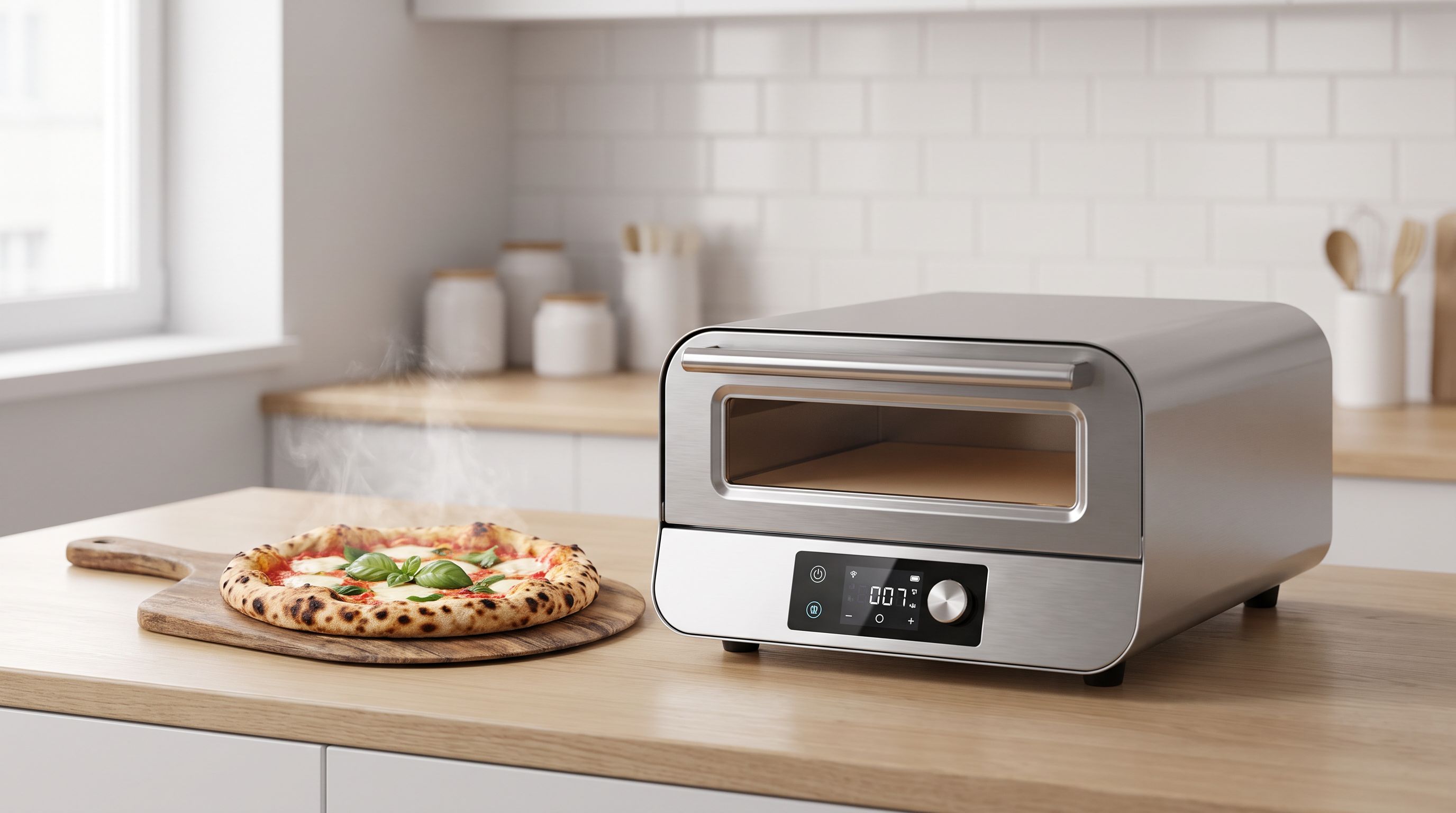 A countertop electric pizza oven on a small apartment kitchen counter with a freshly baked leopard-spotted Neapolitan pizza on a wooden peel beside it