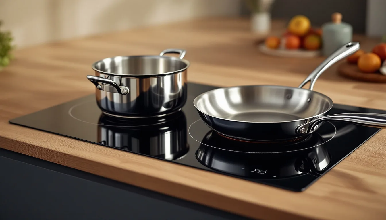 A tri-ply stainless steel saucepan and skillet on a black glass induction cooktop, with a kitchen magnet stuck to the base of an upturned pan nearby