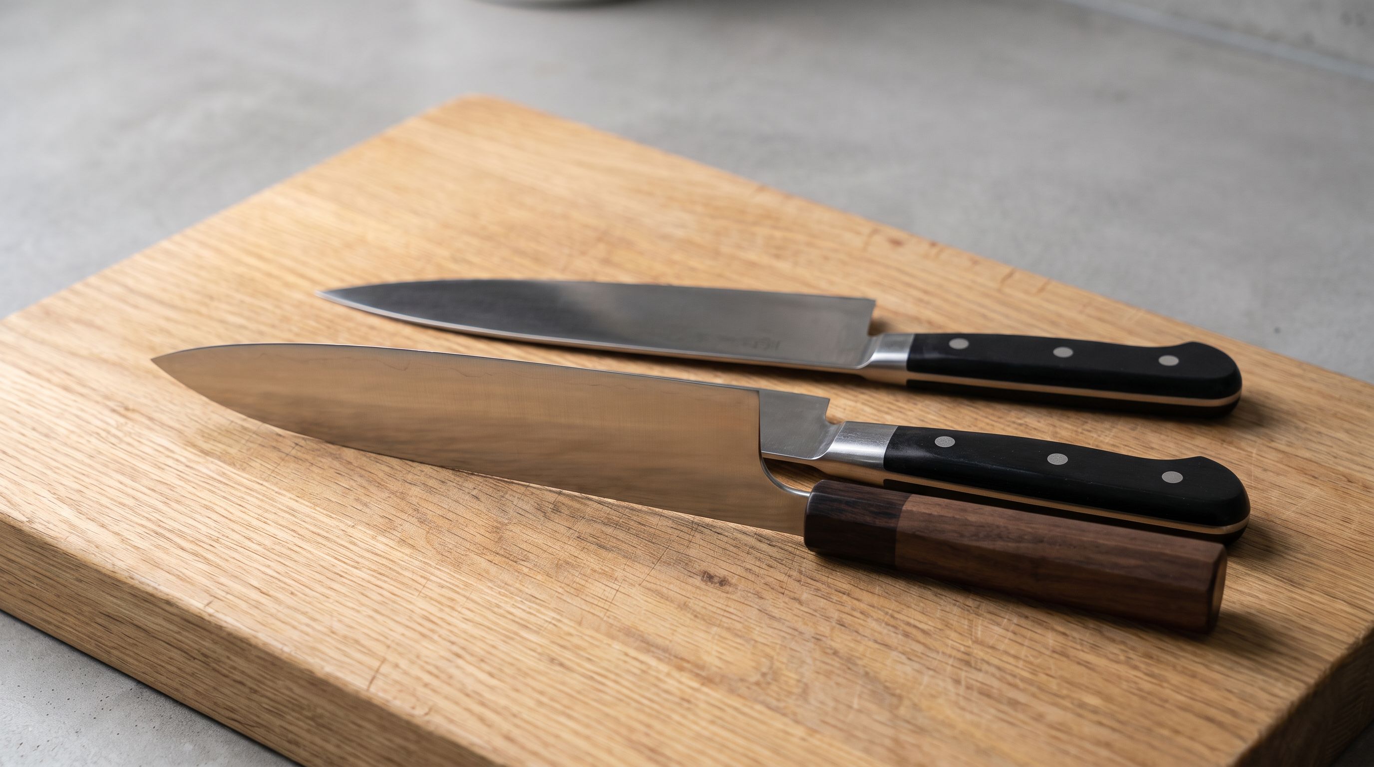 A Japanese gyuto and a German chef's knife laid side by side on a wooden cutting board, showing the difference in blade curve and spine thickness