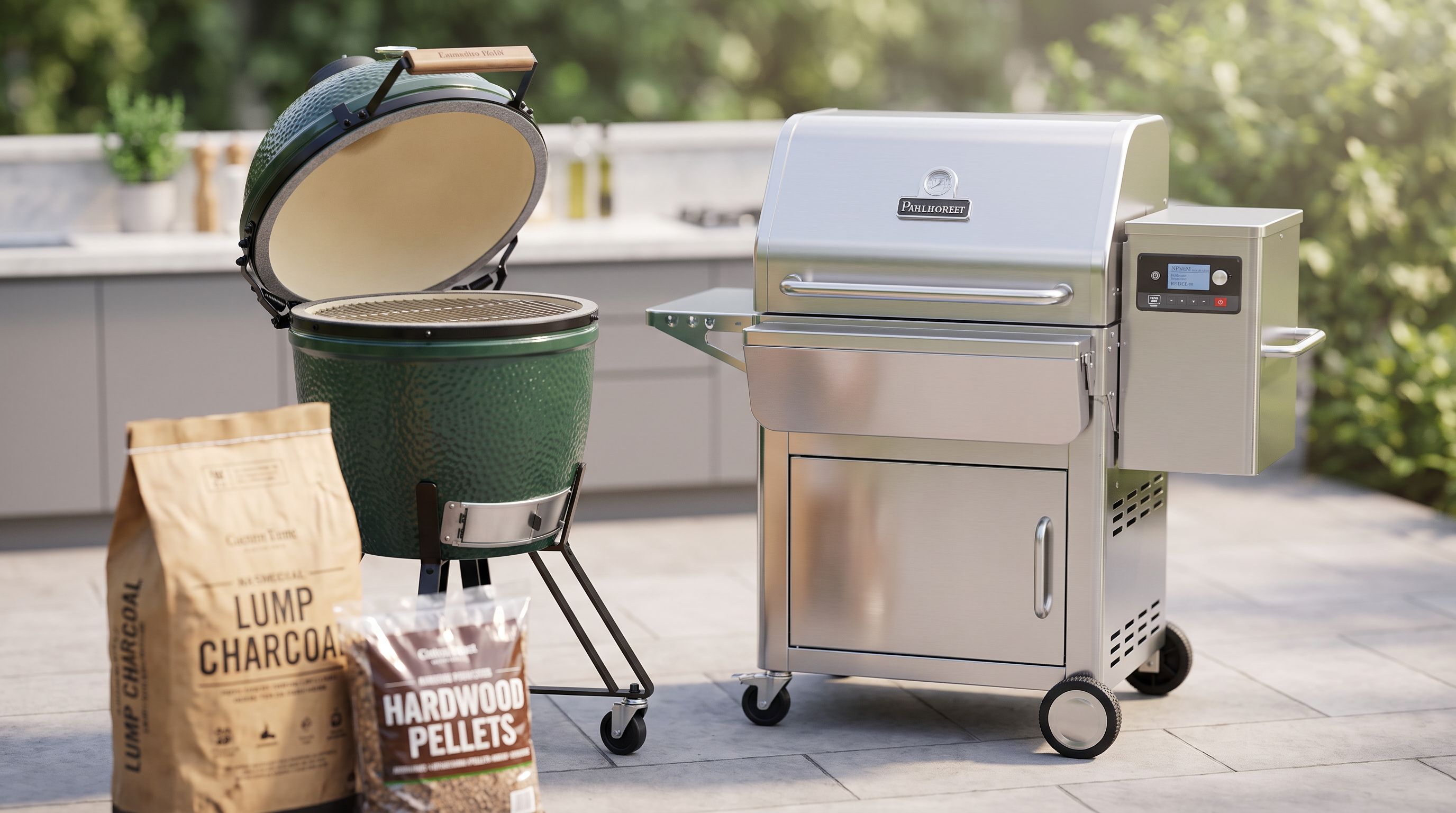 A ceramic kamado grill with its dome open next to a stainless pellet grill on a backyard patio, with a bag of lump charcoal and a bag of hardwood pellets in the foreground
