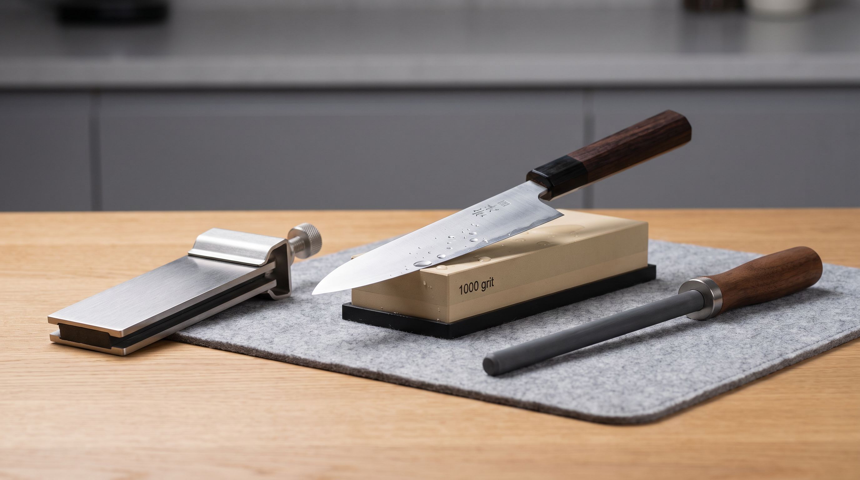 A Japanese gyuto being sharpened on a 1000-grit whetstone beside a guided-angle sharpening clamp and a honing rod on a wooden counter