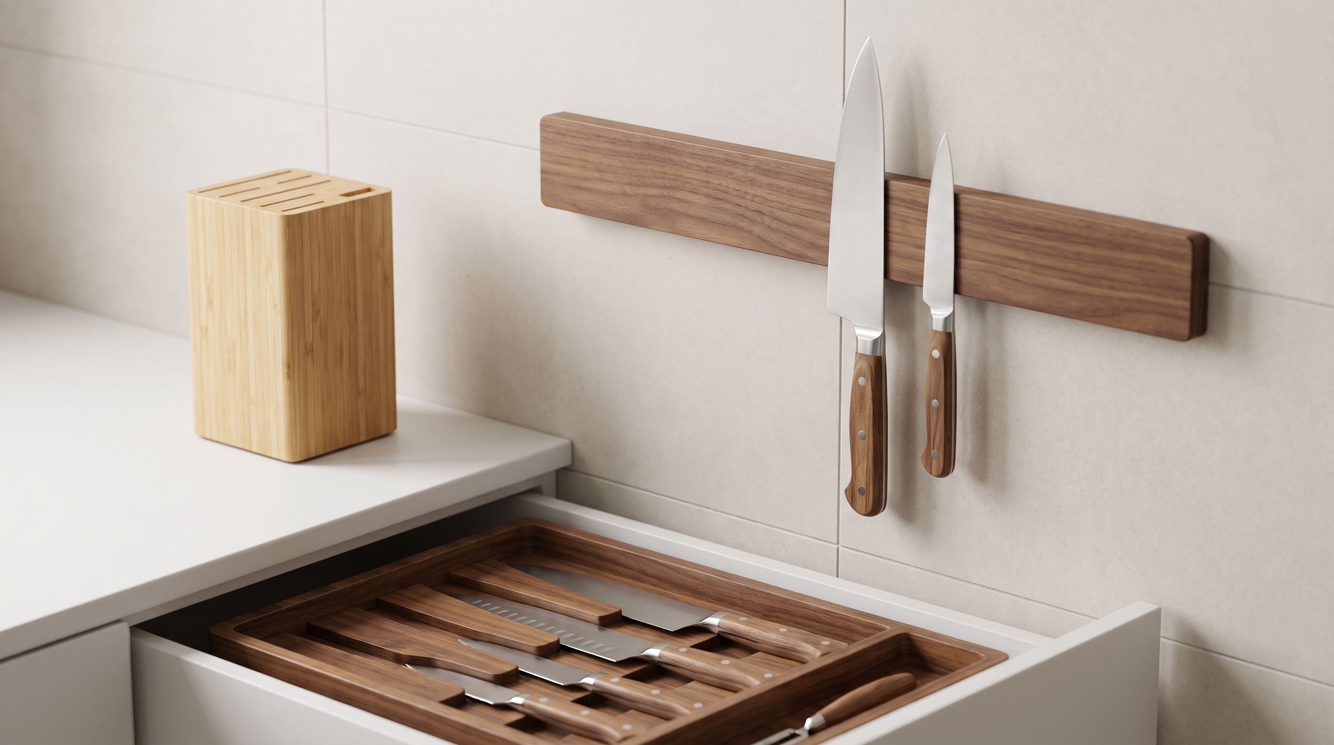 A wall-mounted wooden magnetic knife strip holding chef's and paring knives beside a countertop knife block and an open drawer with an in-drawer knife tray