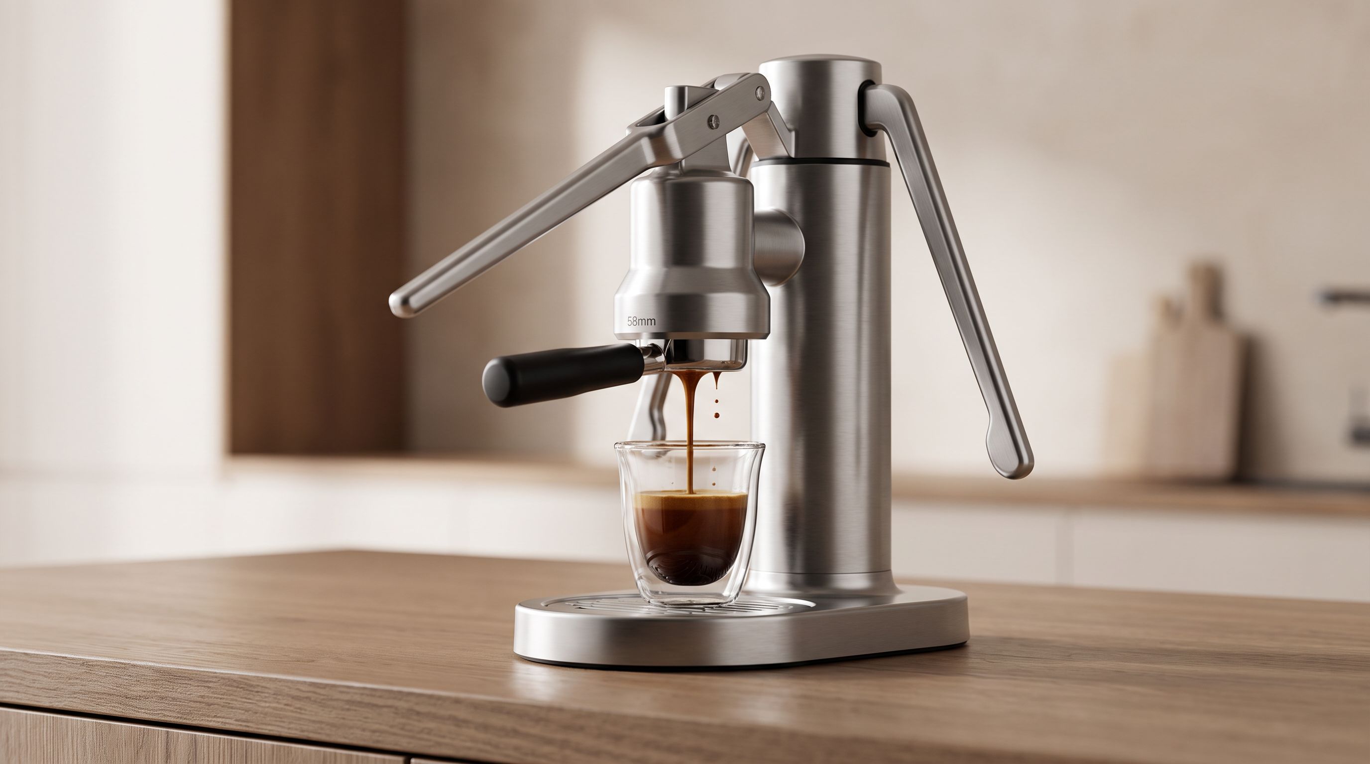 A manual lever espresso machine with a 58mm portafilter mid-pull, dark espresso streaming into a glass cup on a wooden counter