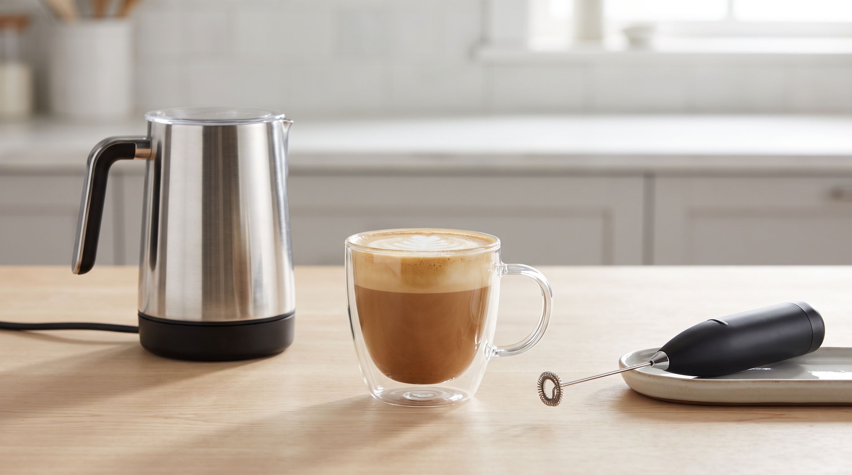 An induction milk frother pitcher beside a glass of latte with microfoam and a handheld steam wand frother on a kitchen counter