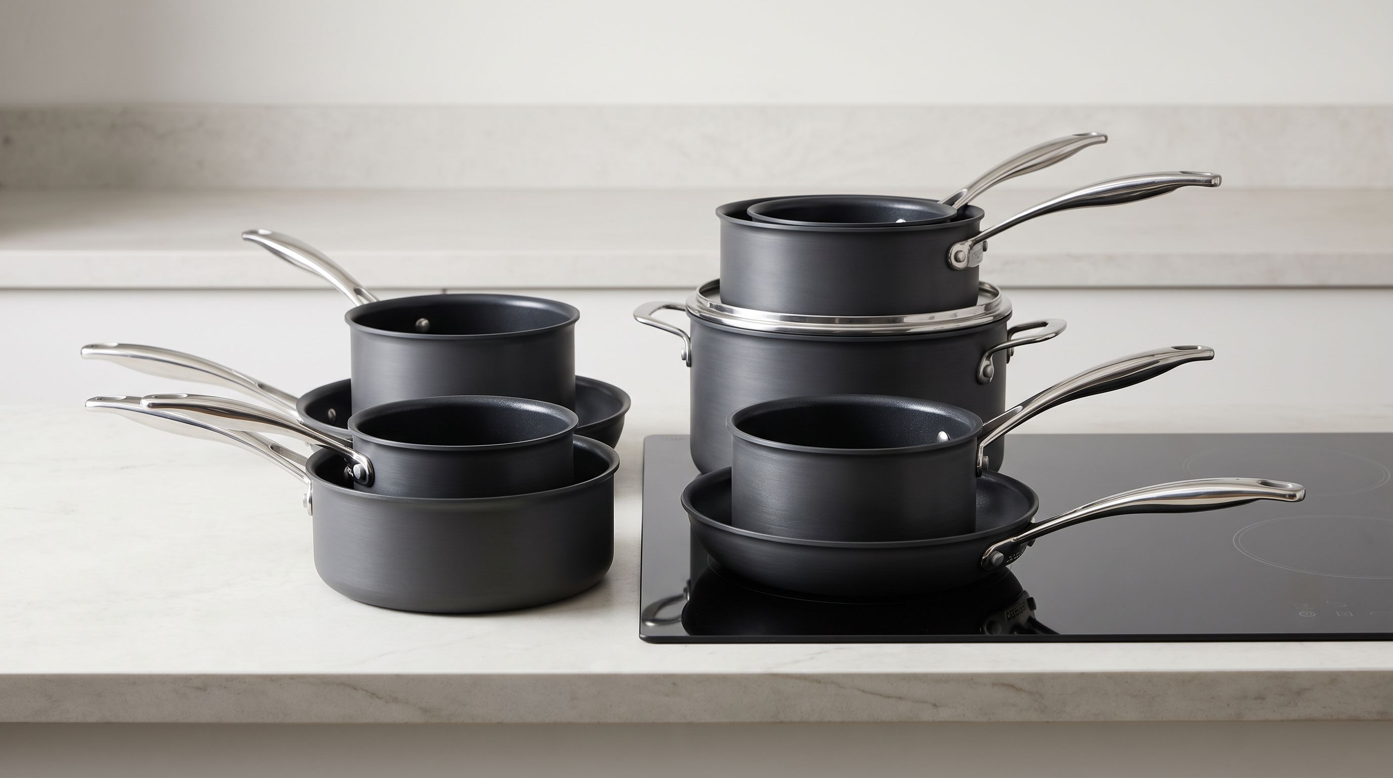 A set of hard-anodized nonstick pots and pans with stainless steel handles arranged on a kitchen counter next to an induction cooktop