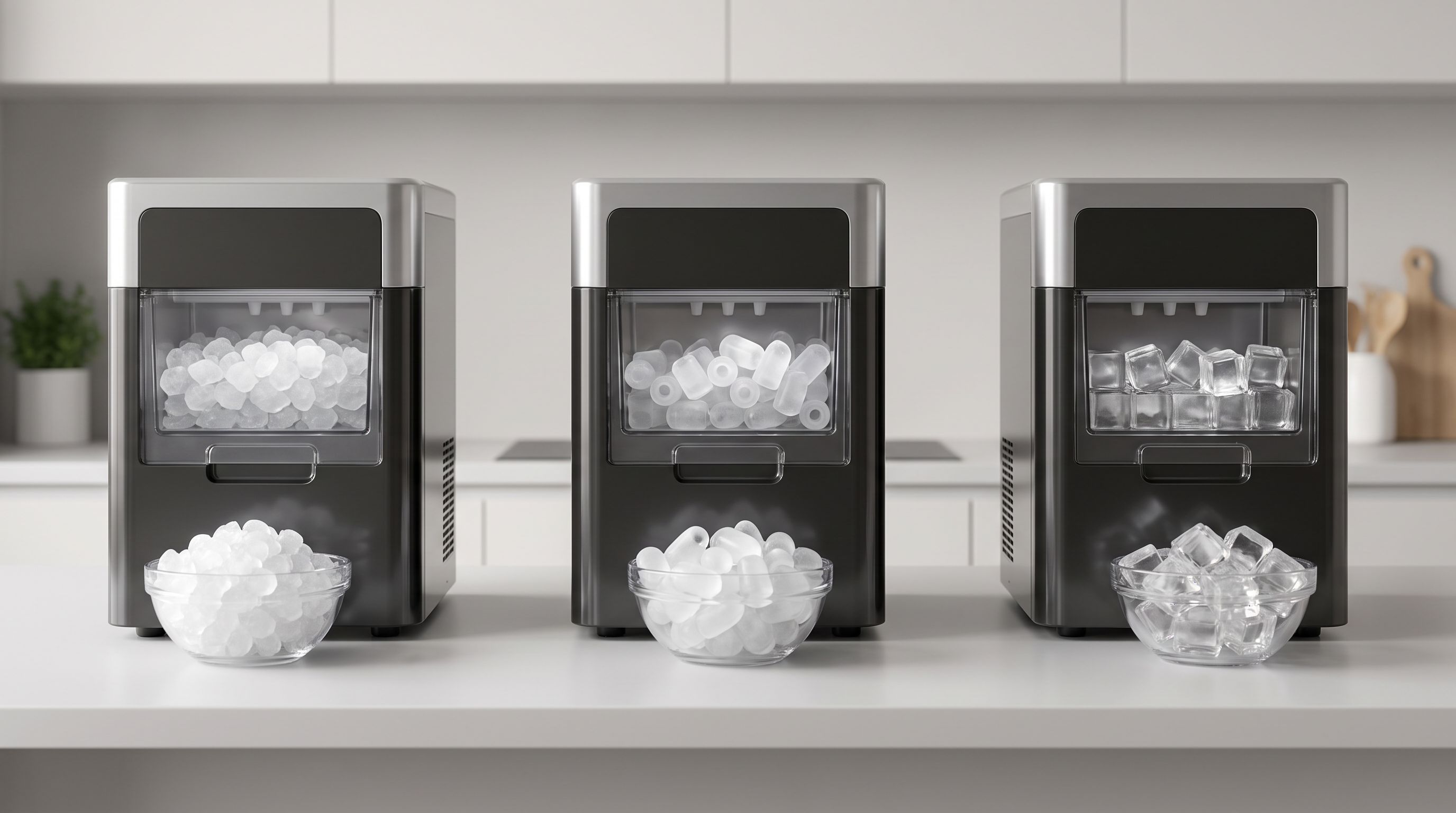 Three countertop ice makers side by side on a kitchen counter, with bowls of nugget ice, bullet ice and clear cubes in front of them