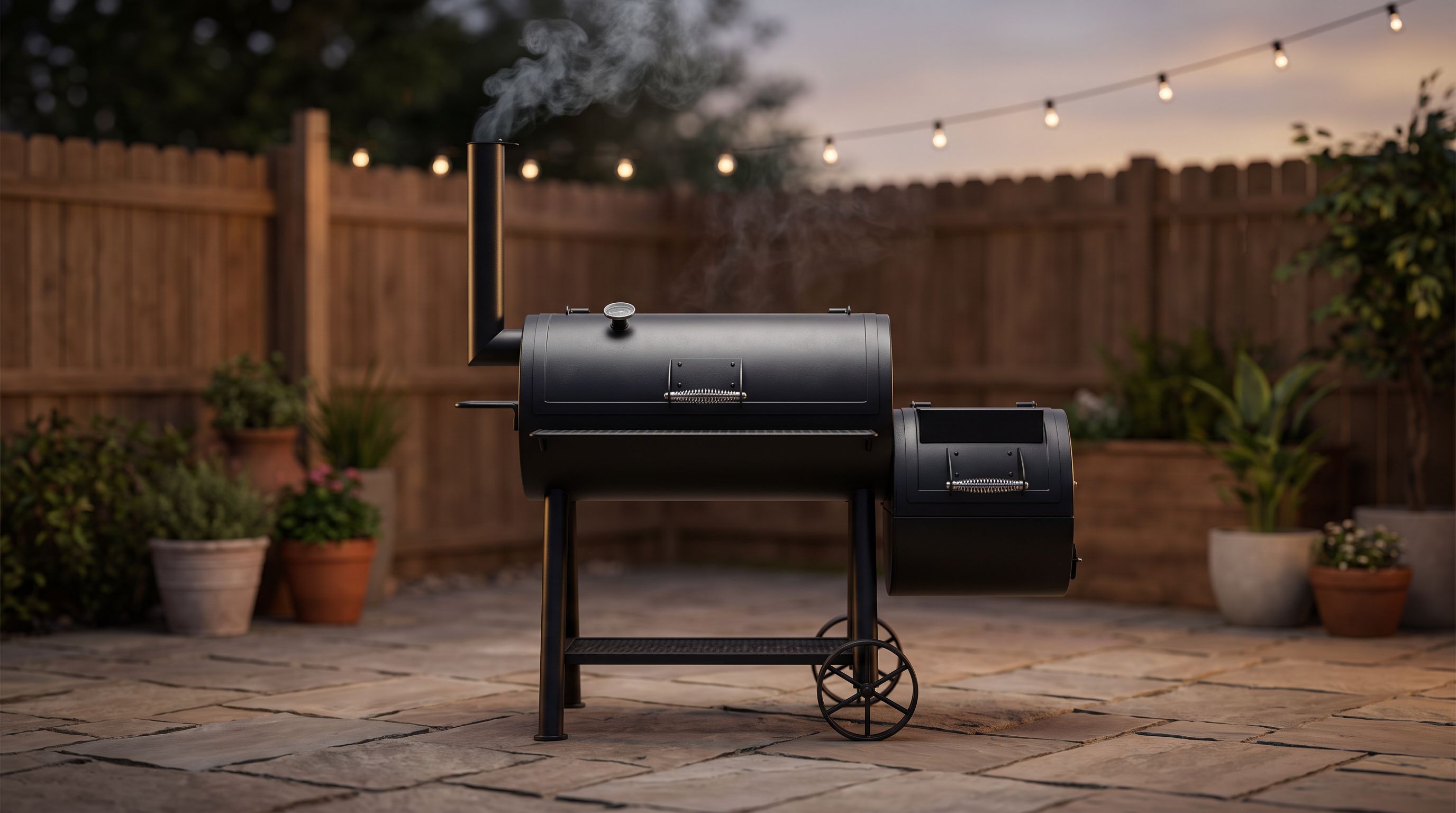 A black steel offset smoker with a side firebox and chimney stack, thin smoke rising, on a backyard patio at dusk