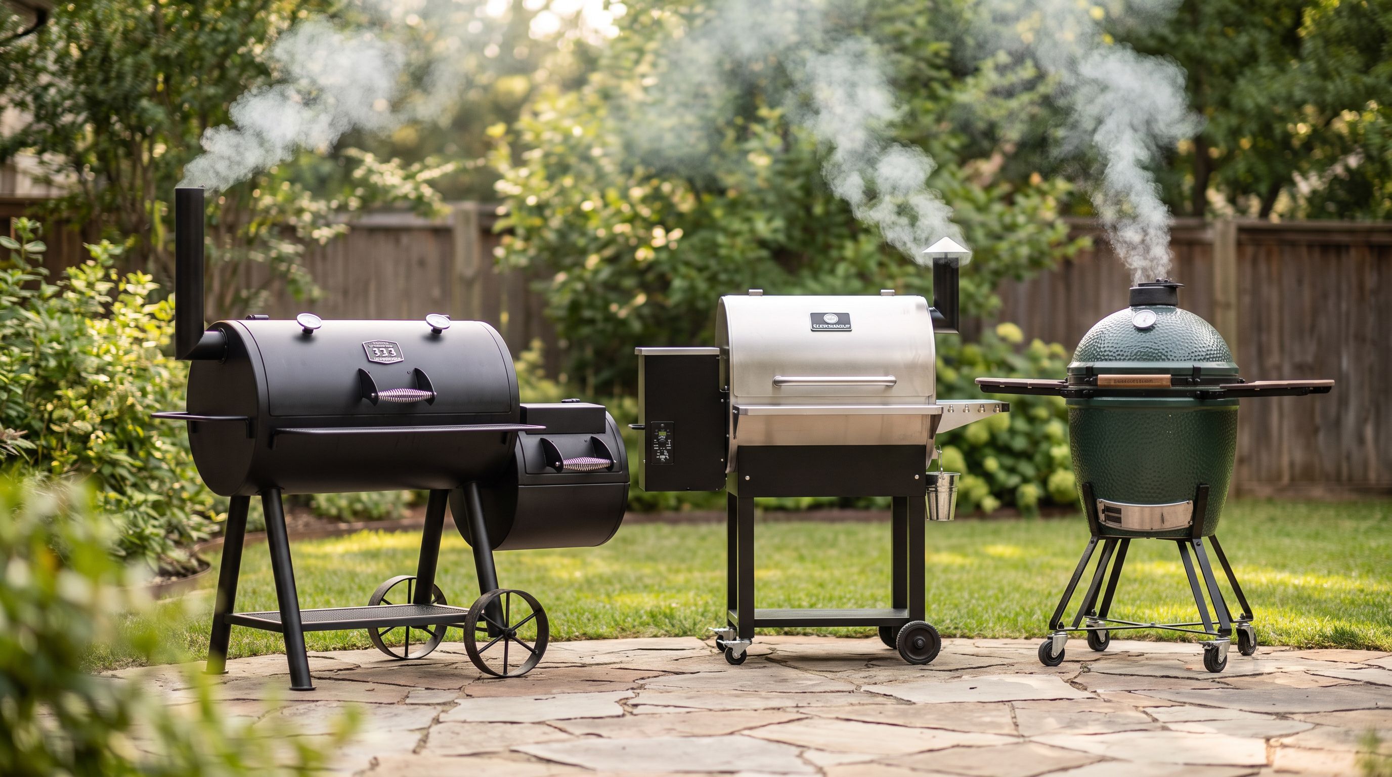 An offset stick burner, a pellet grill and a ceramic kamado lined up on a backyard patio with smoke rising from each