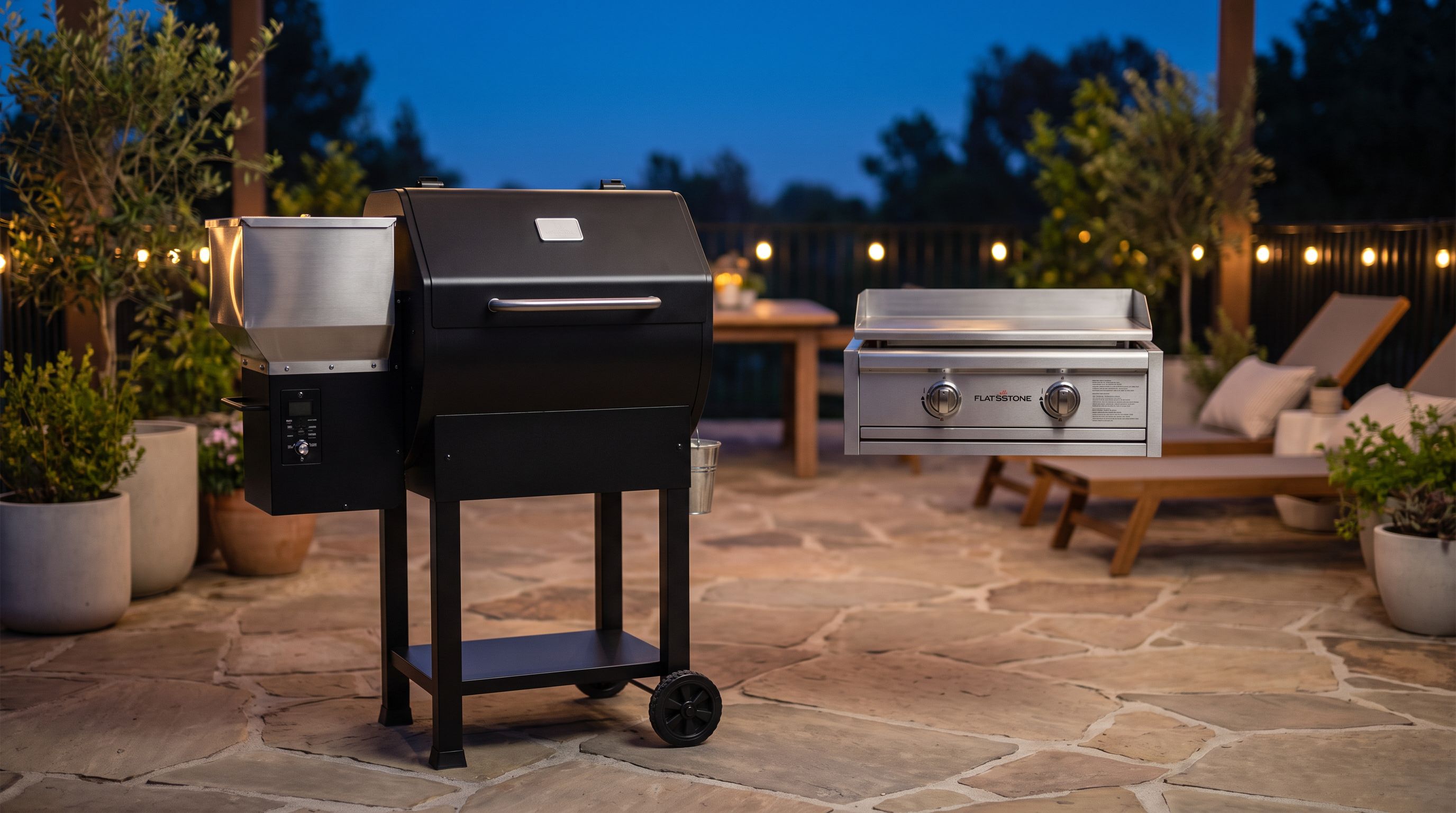 A freestanding pellet grill with a stainless hopper beside a flat-top gas griddle on a backyard patio at dusk