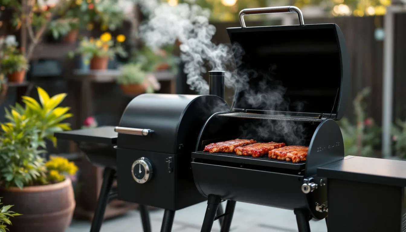 A black pellet smoker on a patio with the lid open, showing racks of ribs over the heat deflector and smoke rising from the chimney