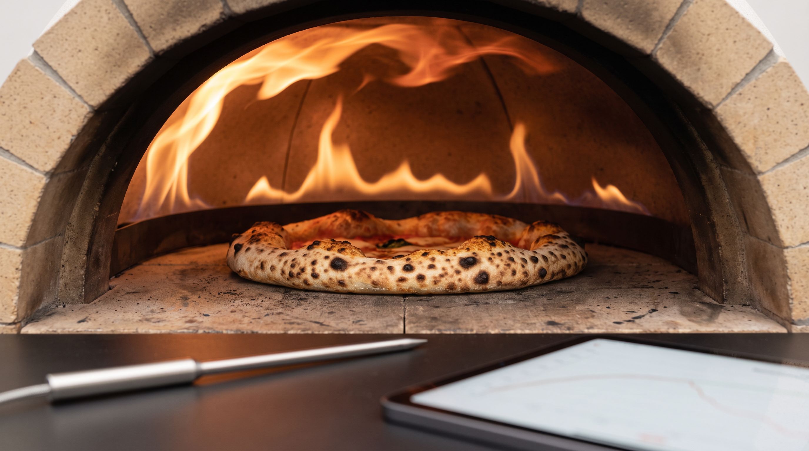 A Neapolitan-style pizza baking on the stone floor of a glowing outdoor pizza oven, with flame licking across the dome and leoparding forming on the puffed cornicione