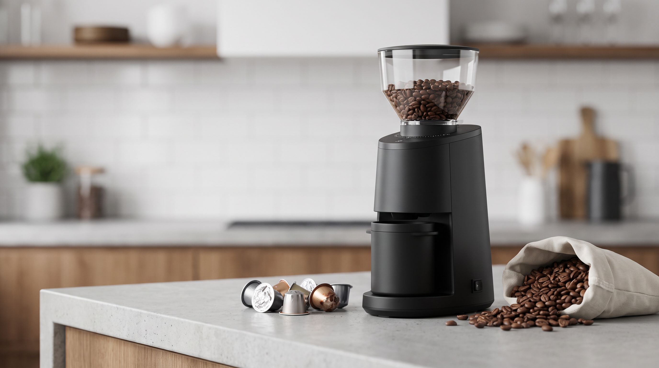 A conical burr grinder beside a bag of whole-bean coffee and a pile of used aluminum capsules on a kitchen counter