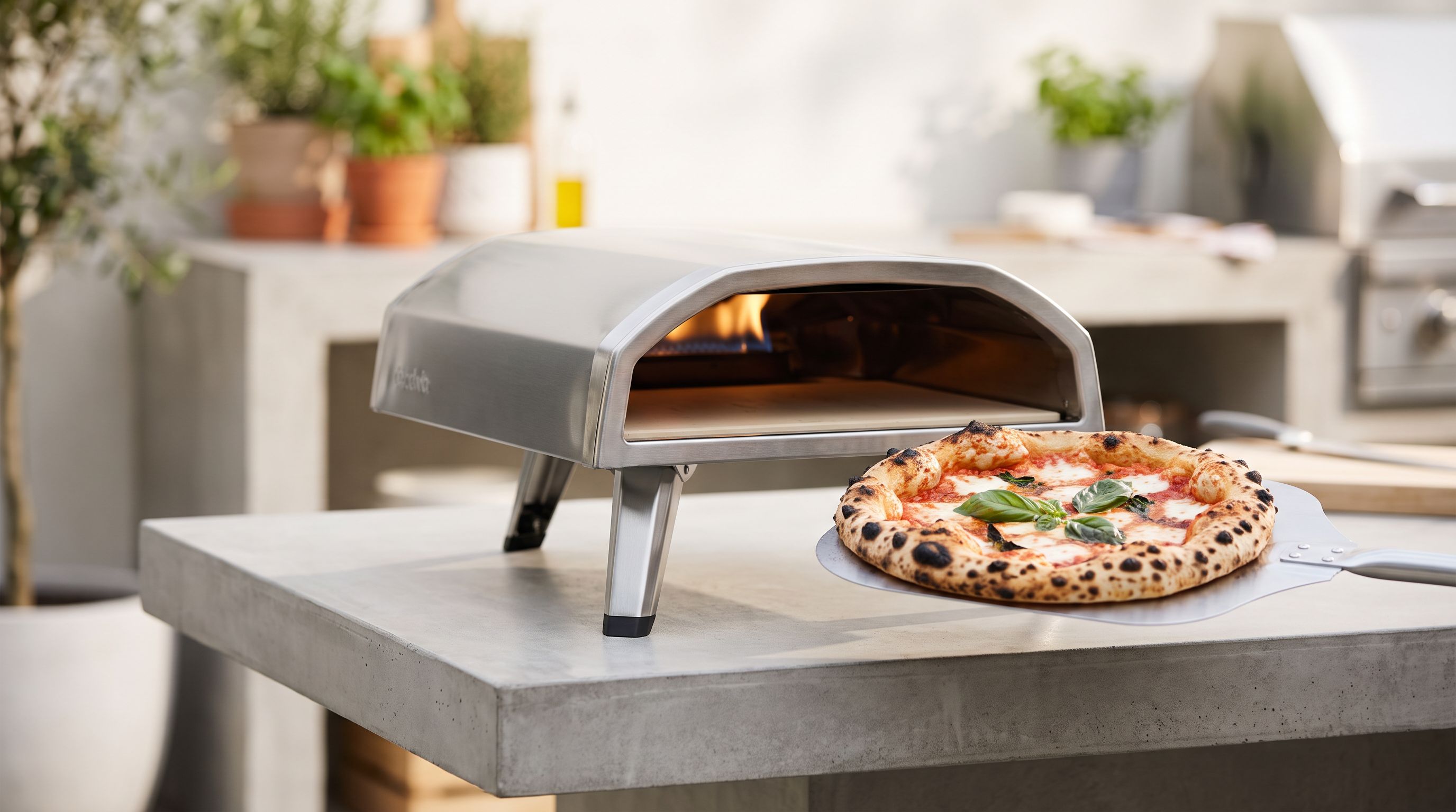 A compact gas-fired portable pizza oven on a patio table with a leopard-spotted Neapolitan pizza on a metal peel beside it