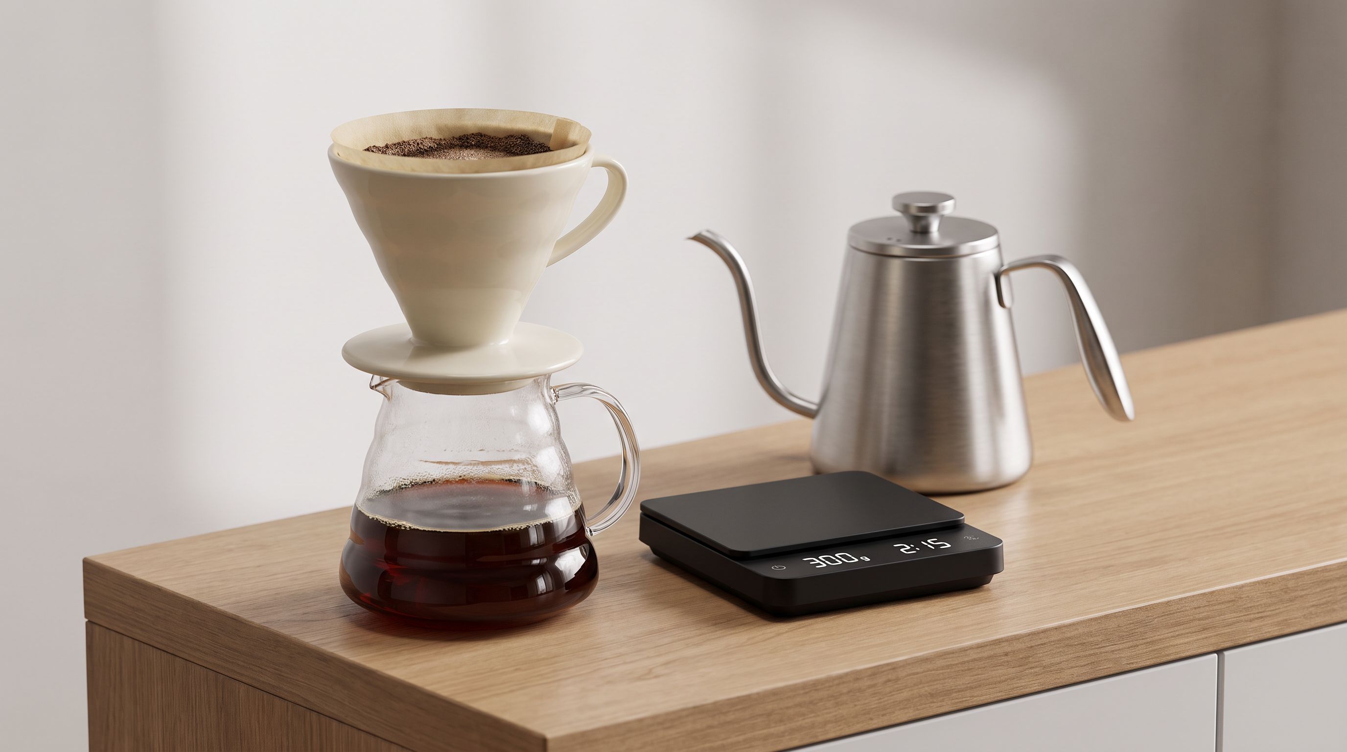 A ceramic pour-over dripper on a glass carafe beside a gooseneck kettle and a digital coffee scale on a wooden counter