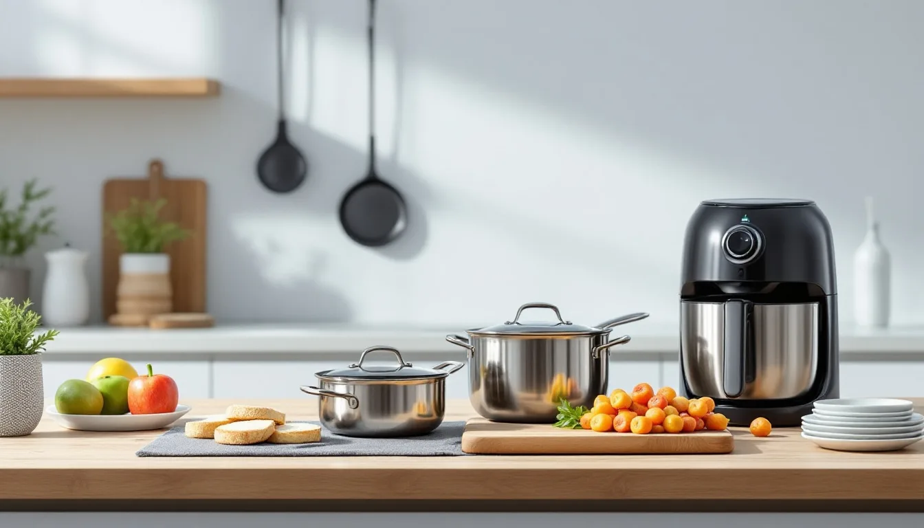 A stainless steel cookware set, stand mixer and air fryer arranged on a kitchen counter ahead of Prime Big Deal Days 2026