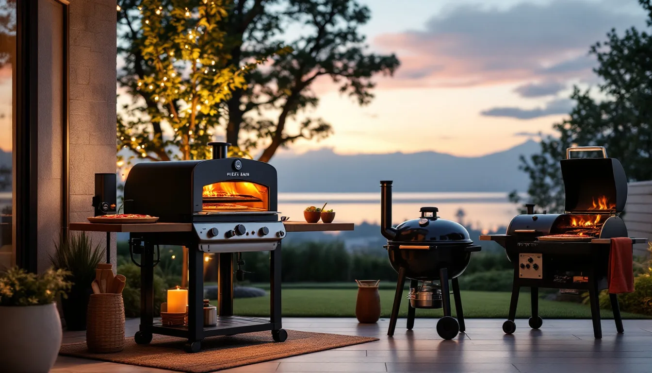 Outdoor patio setup with a portable gas pizza oven, a pellet smoker and a kettle grill at dusk