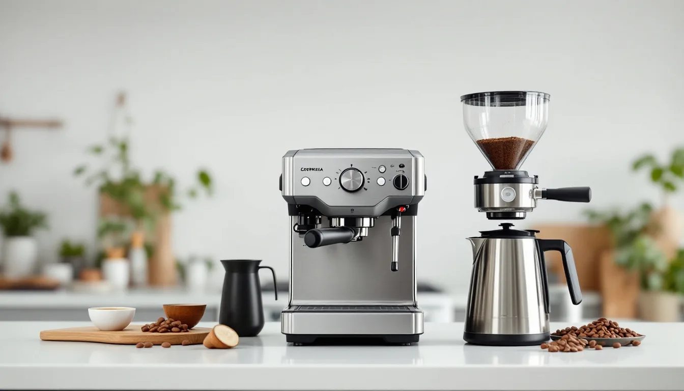 Espresso machine, burr grinder and pour-over kettle arranged on a kitchen counter with a portafilter and scale