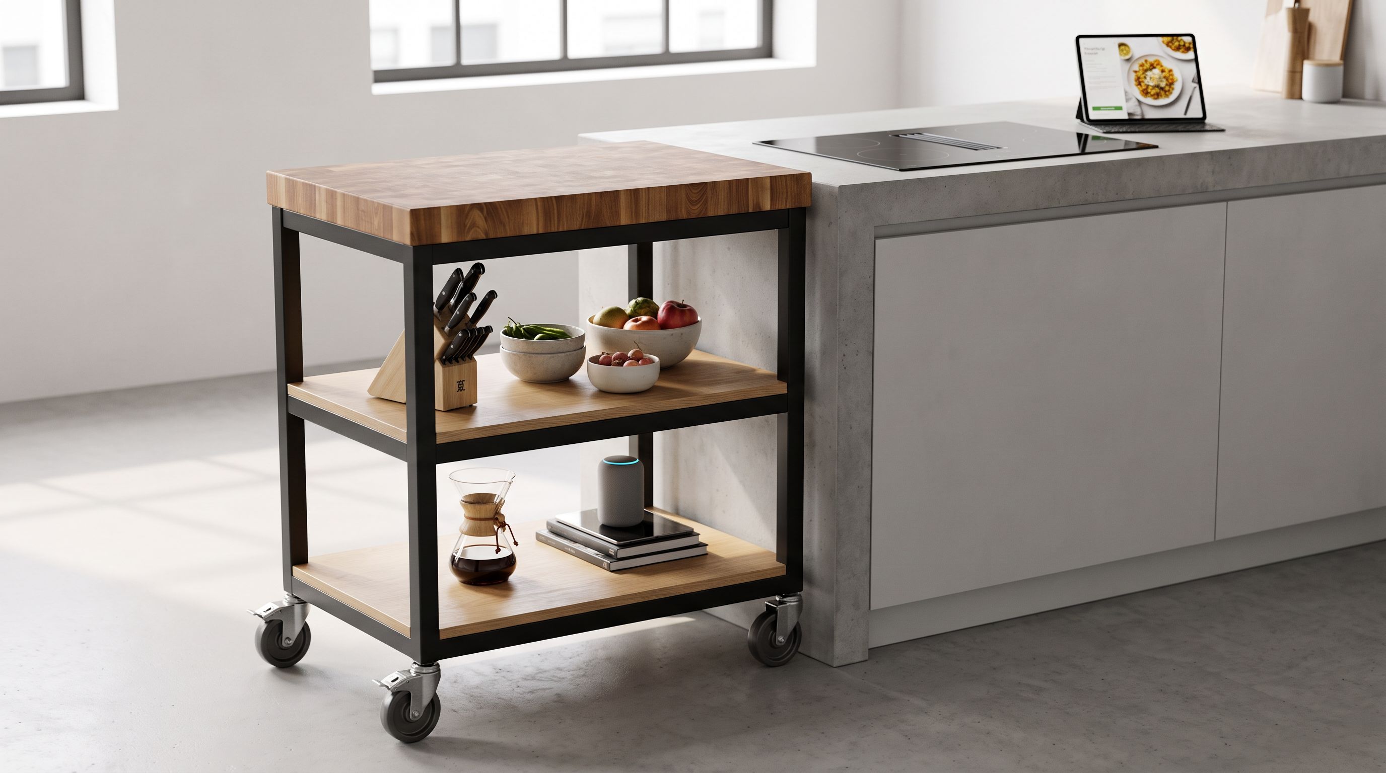 A rolling kitchen island cart with a butcher block top, open shelving and locking casters positioned beside a kitchen counter